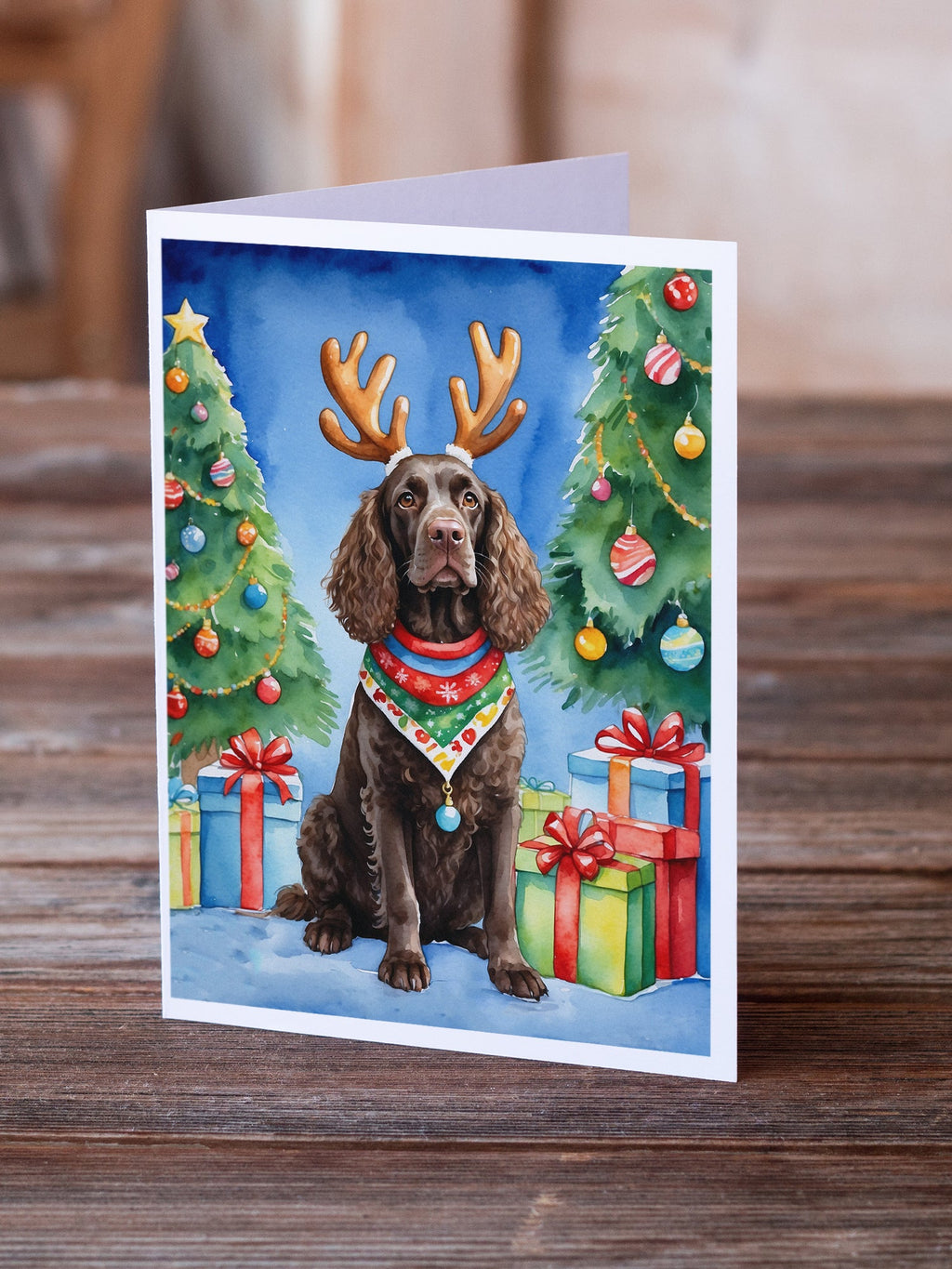 American Water Spaniel Christmas Reindeer Greeting Cards Pack of 8 Blank Cards with Envelopes Whimsical A7 Size 5x7
