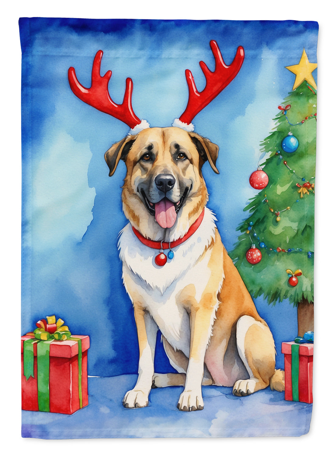 Anatolian Shepherd Dog Christmas Reindeer House Flag 28x40 Porch Sleeve Pole Decorative Outside Yard Banner Artwork Wall Hanging, Polyester
