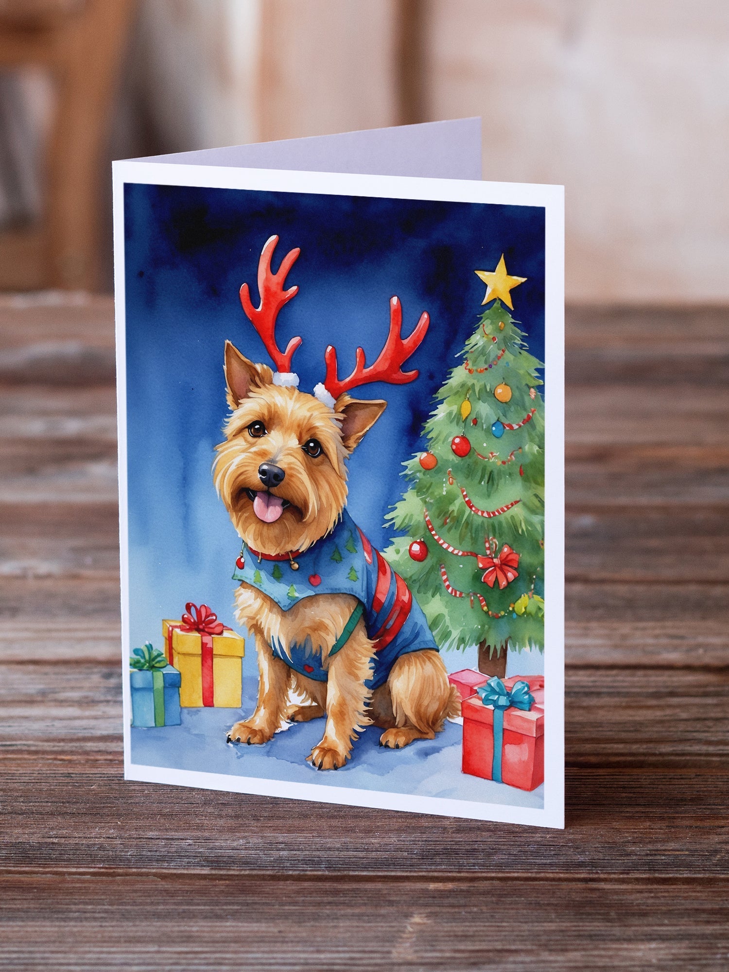 Australian Terrier Christmas Reindeer Greeting Cards Pack of 8 Blank Cards with Envelopes Whimsical A7 Size 5x7