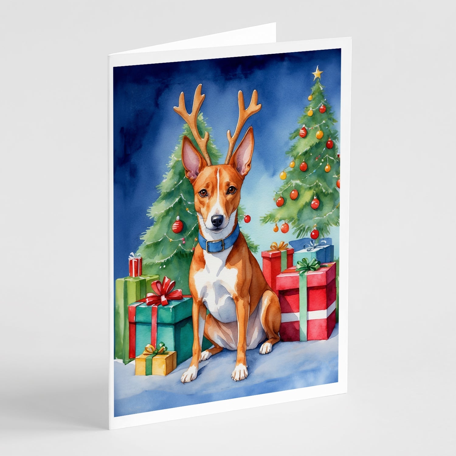 Basenji Christmas Reindeer Greeting Cards Pack of 8 Blank Cards with Envelopes Whimsical A7 Size 5x7