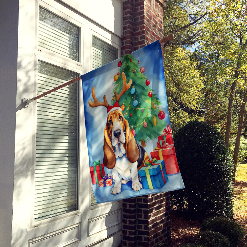 Basset Hound Christmas Reindeer House Flag 28x40 Porch Sleeve Pole Decorative Outside Yard Banner Artwork Wall Hanging, Polyester