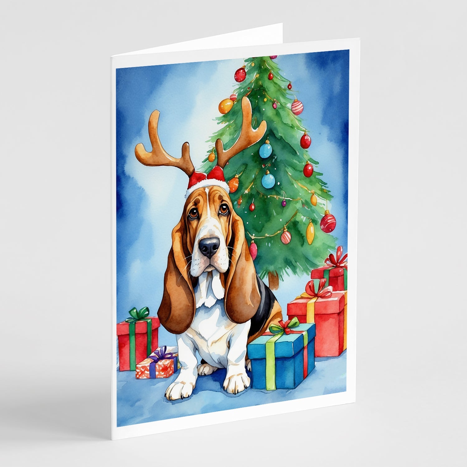 Basset Hound Christmas Reindeer Greeting Cards Pack of 8 Blank Cards with Envelopes Whimsical A7 Size 5x7