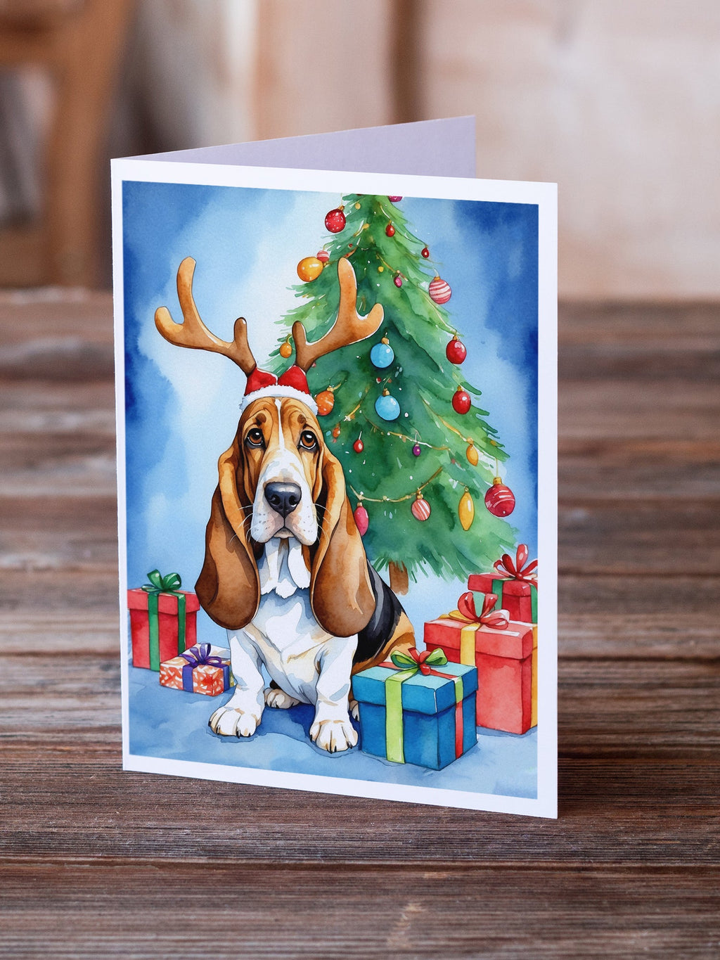 Basset Hound Christmas Reindeer Greeting Cards Pack of 8 Blank Cards with Envelopes Whimsical A7 Size 5x7
