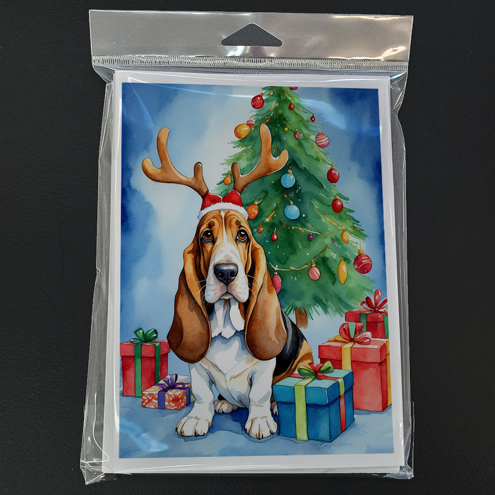 Basset Hound Christmas Reindeer Greeting Cards Pack of 8 Blank Cards with Envelopes Whimsical A7 Size 5x7