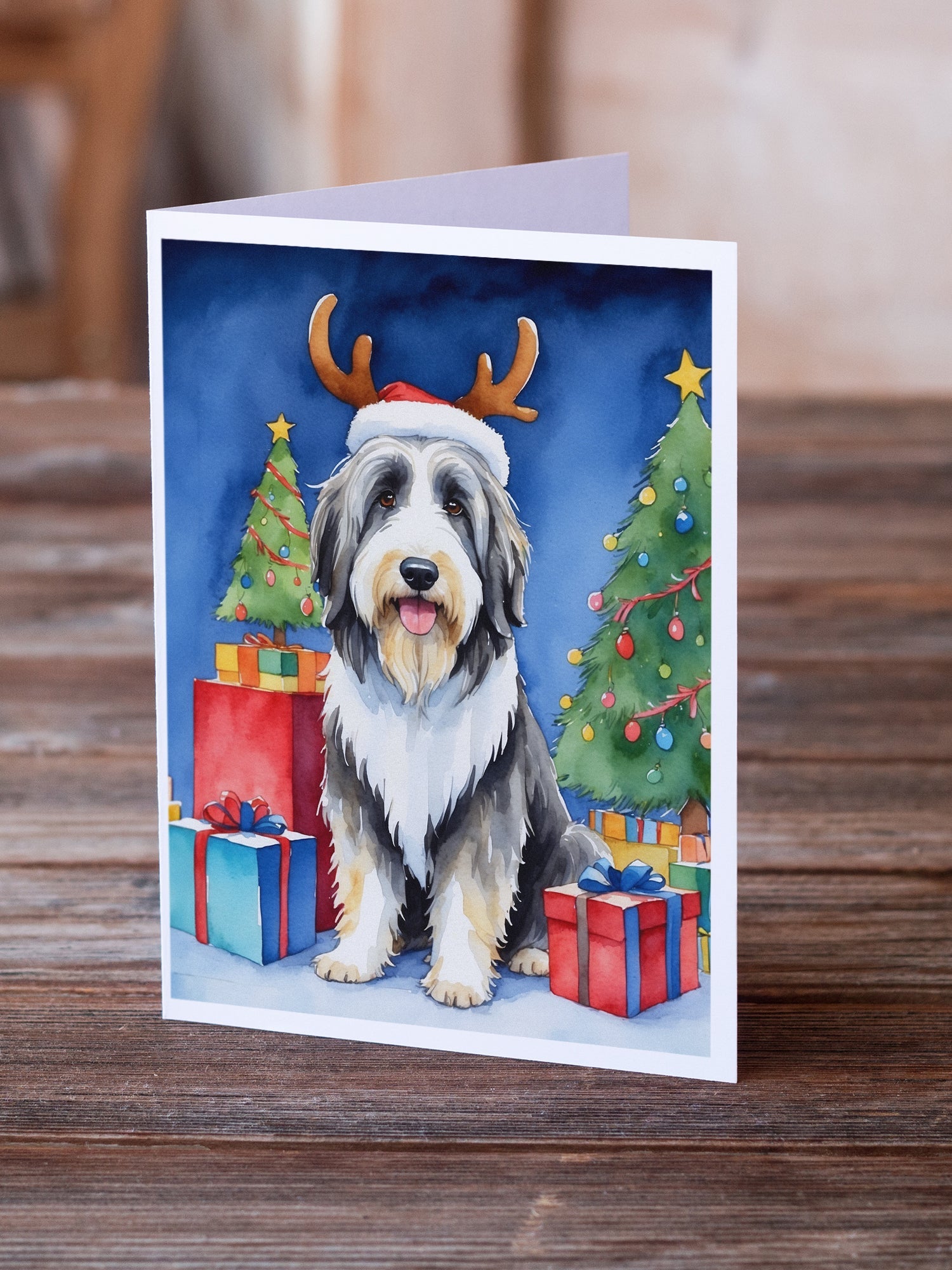 Bearded Collie Christmas Reindeer Greeting Cards Pack of 8 Blank Cards with Envelopes Whimsical A7 Size 5x7