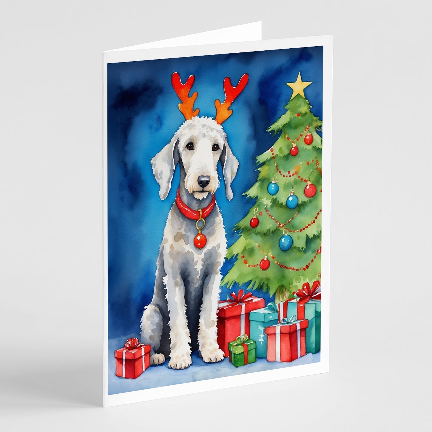 Bedlington Terrier Christmas Reindeer Greeting Cards Pack of 8 Blank Cards with Envelopes Whimsical A7 Size 5x7