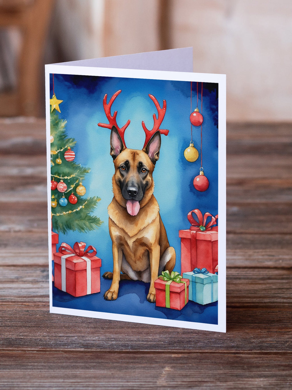 Belgian Malinois Christmas Reindeer Greeting Cards Pack of 8 Blank Cards with Envelopes Whimsical A7 Size 5x7