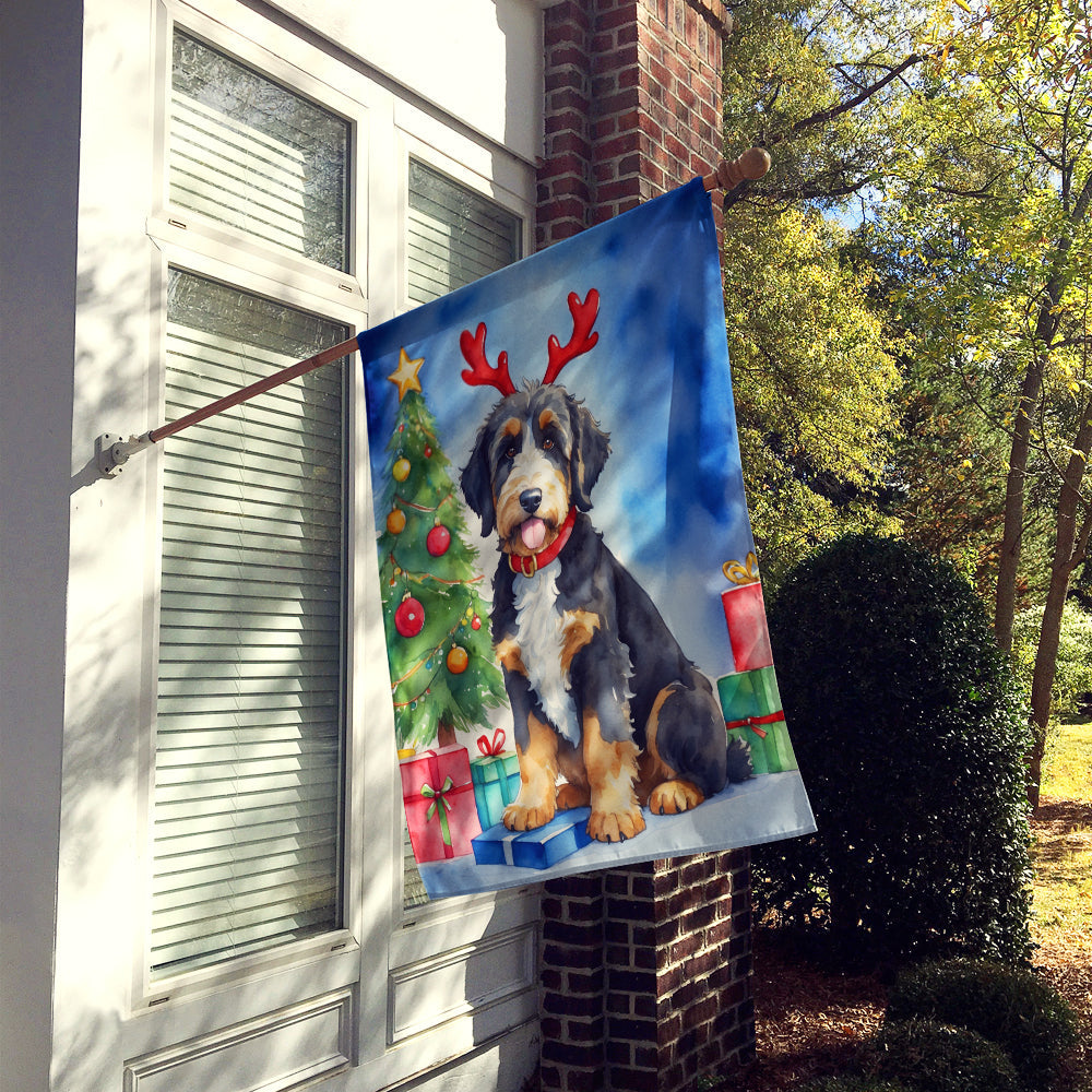 Bernedoodle Christmas Reindeer House Flag 28x40 Porch Sleeve Pole Decorative Outside Yard Banner Artwork Wall Hanging, Polyester
