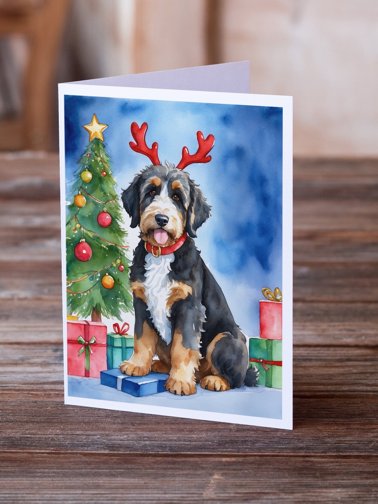 Bernedoodle Christmas Reindeer Greeting Cards Pack of 8 Blank Cards with Envelopes Whimsical A7 Size 5x7