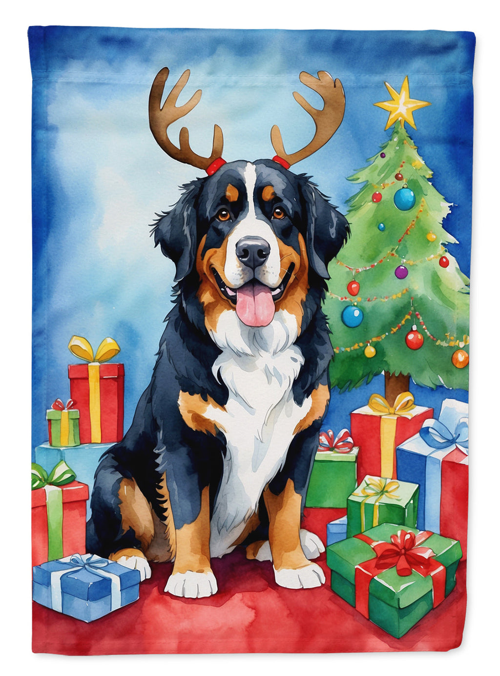 Bernese Mountain Dog Christmas Reindeer House Flag 28x40 Porch Sleeve Pole Decorative Outside Yard Banner Artwork Wall Hanging, Polyester