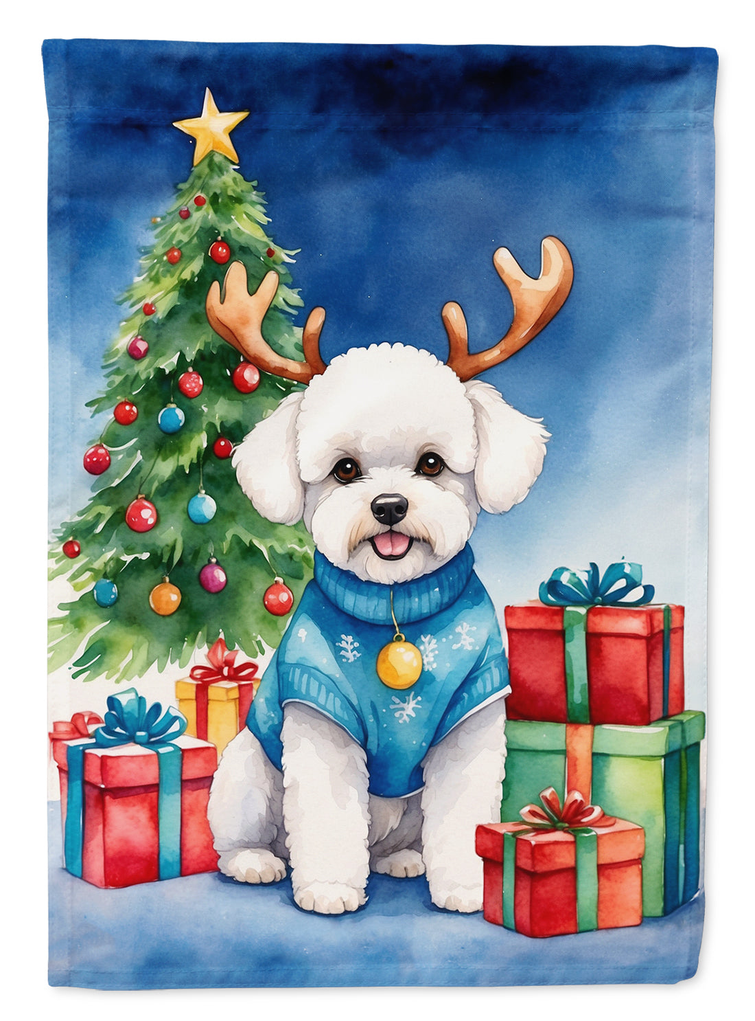 Bichon Frise Christmas Reindeer House Flag 28x40 Porch Sleeve Pole Decorative Outside Yard Banner Artwork Wall Hanging, Polyester
