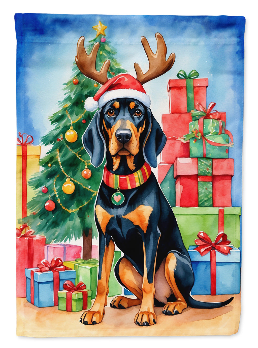 Black and Tan Coonhound Christmas Reindeer House Flag 28x40 Porch Sleeve Pole Decorative Outside Yard Banner Artwork Wall Hanging, Polyester
