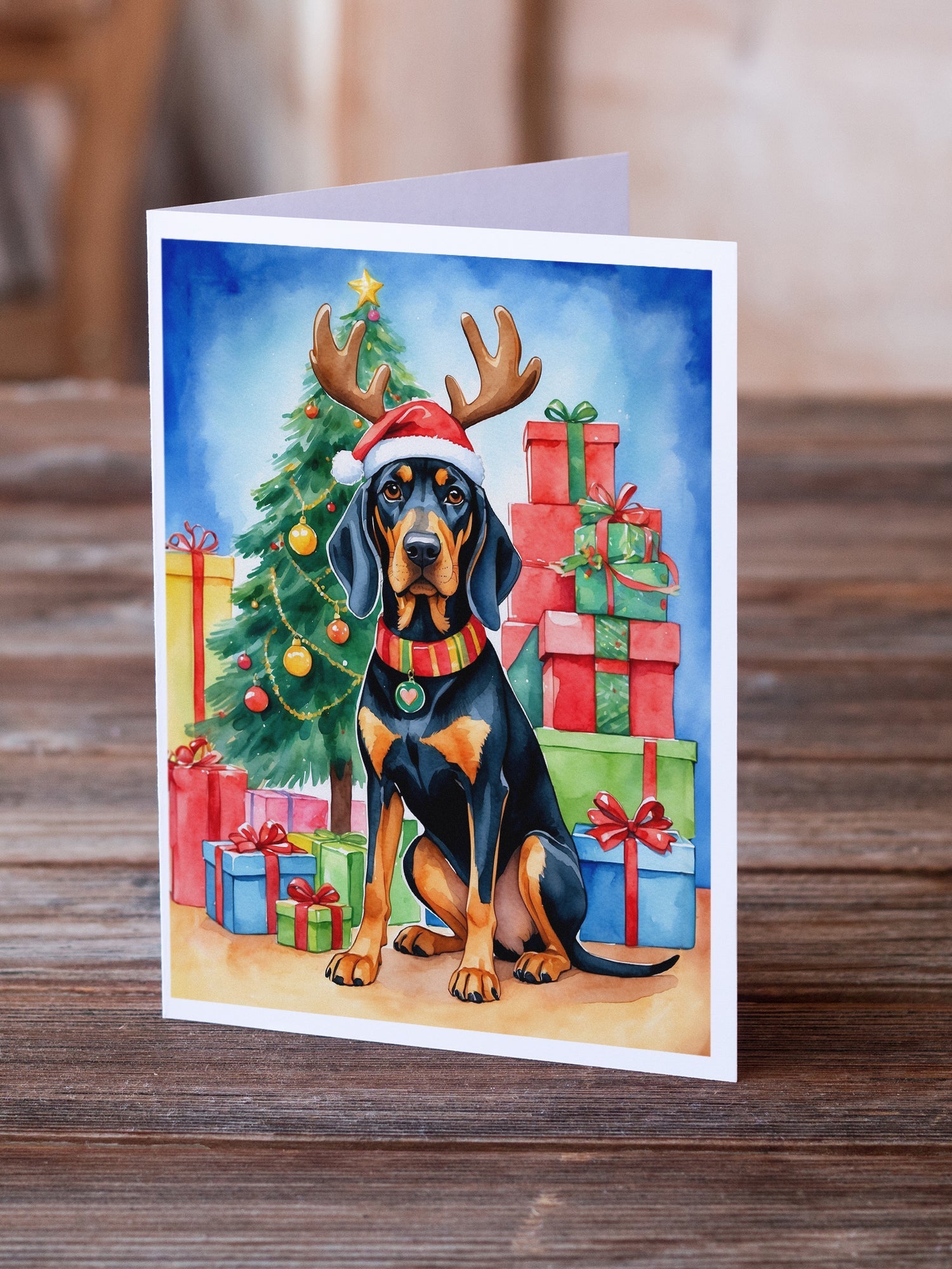 Black and Tan Coonhound Christmas Reindeer Greeting Cards Pack of 8 Blank Cards with Envelopes Whimsical A7 Size 5x7
