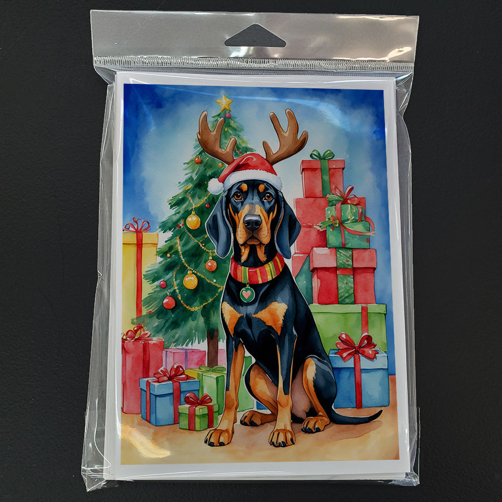 Black and Tan Coonhound Christmas Reindeer Greeting Cards Pack of 8 Blank Cards with Envelopes Whimsical A7 Size 5x7