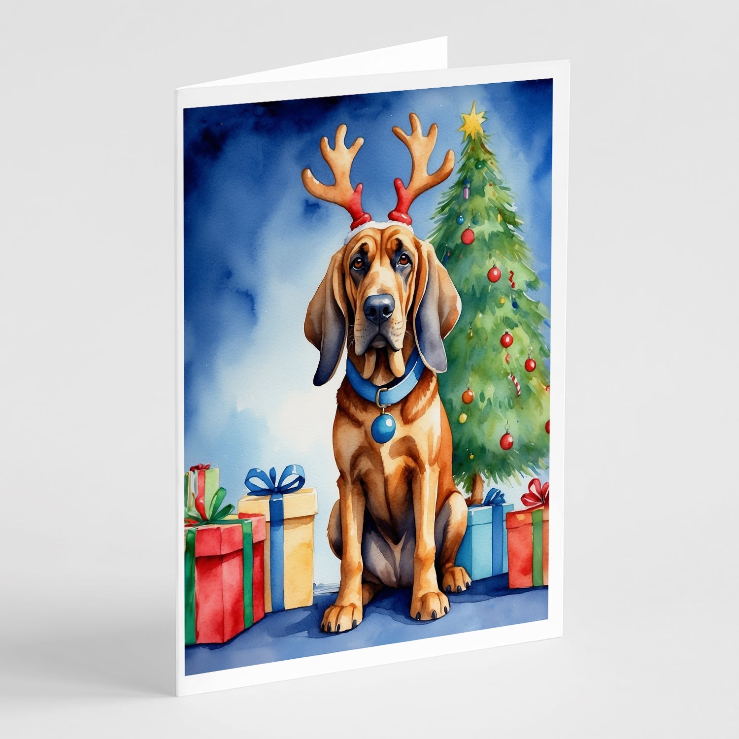 Bloodhound Christmas Reindeer Greeting Cards Pack of 8 Blank Cards with Envelopes Whimsical A7 Size 5x7
