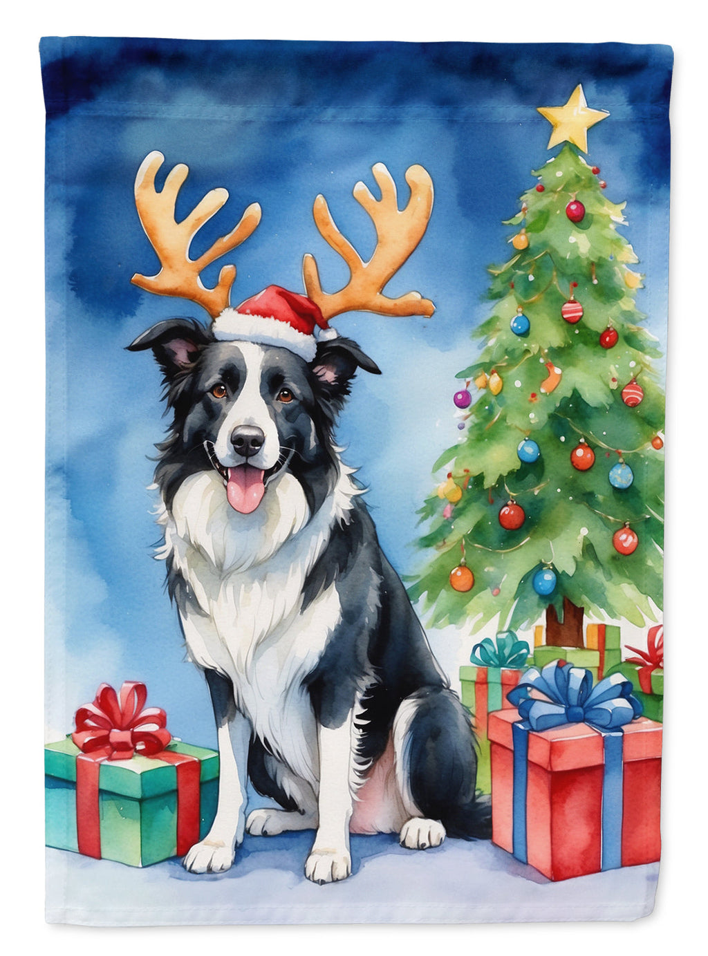 Border Collie Christmas Reindeer House Flag 28x40 Porch Sleeve Pole Decorative Outside Yard Banner Artwork Wall Hanging, Polyester