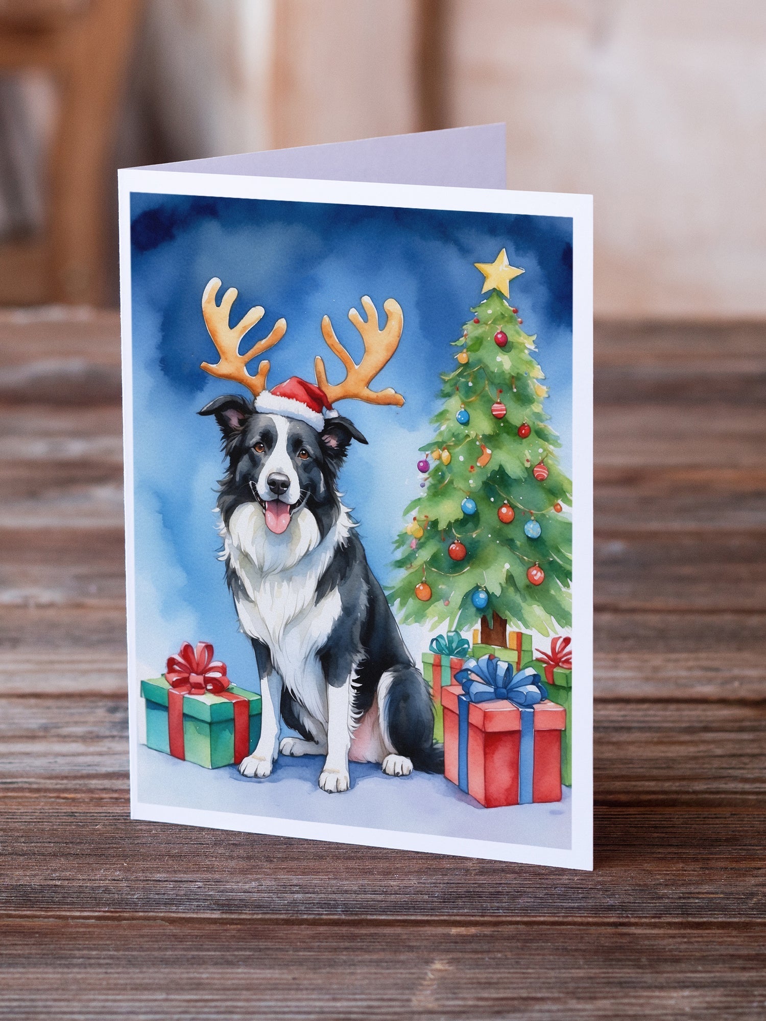 Border Collie Christmas Reindeer Greeting Cards Pack of 8 Blank Cards with Envelopes Whimsical A7 Size 5x7