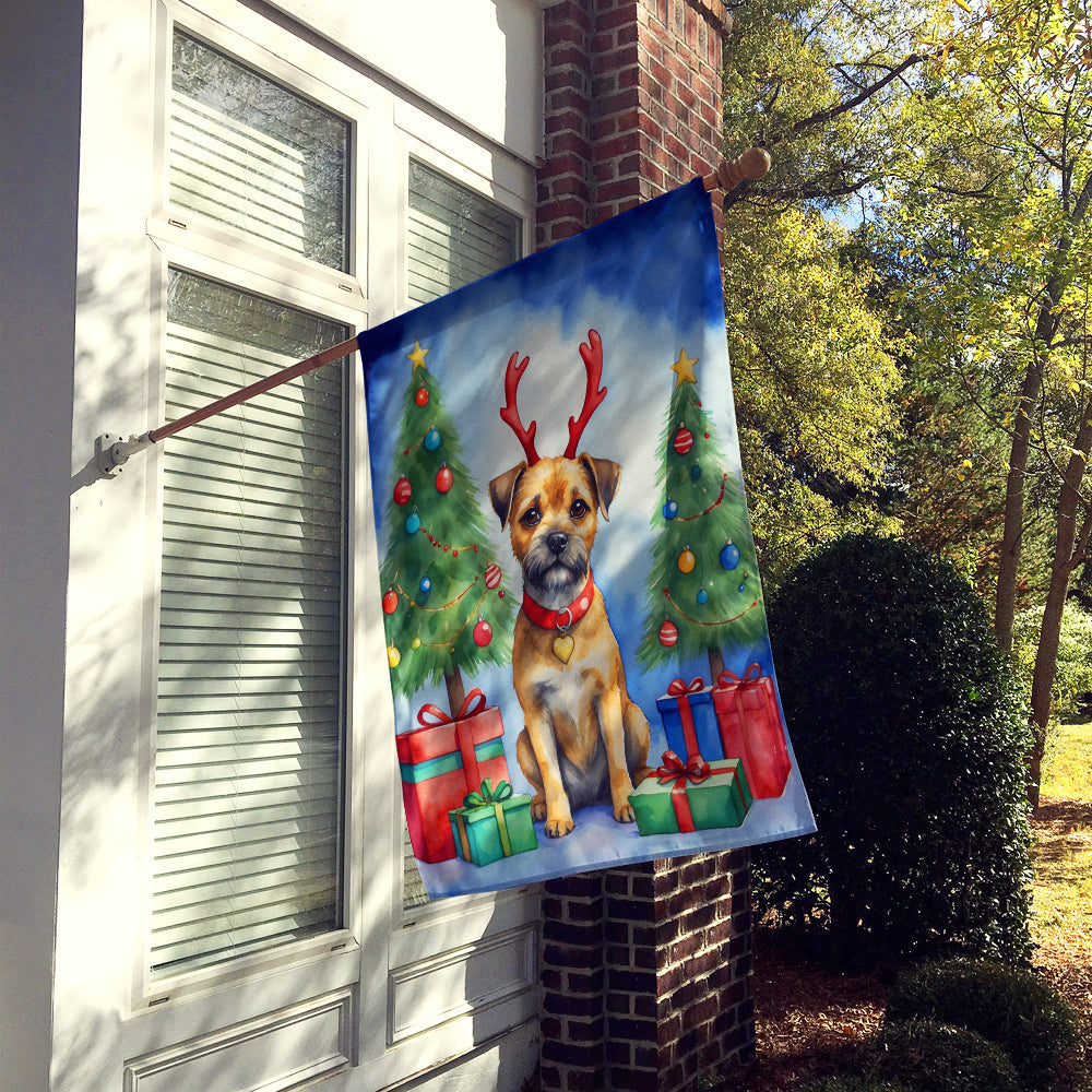 Border Terrier Christmas Reindeer House Flag 28x40 Porch Sleeve Pole Decorative Outside Yard Banner Artwork Wall Hanging, Polyester