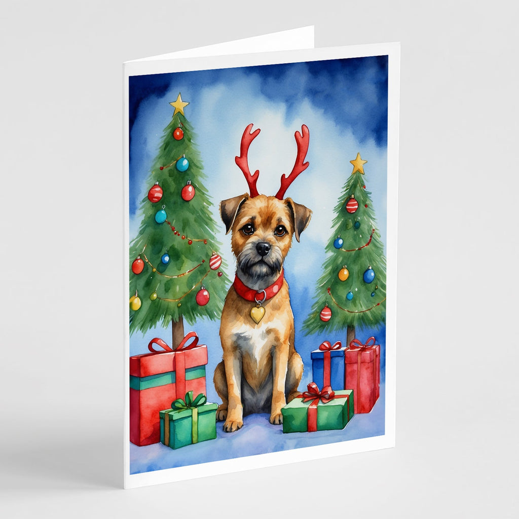 Border Terrier Christmas Reindeer Greeting Cards Pack of 8 Blank Cards with Envelopes Whimsical A7 Size 5x7