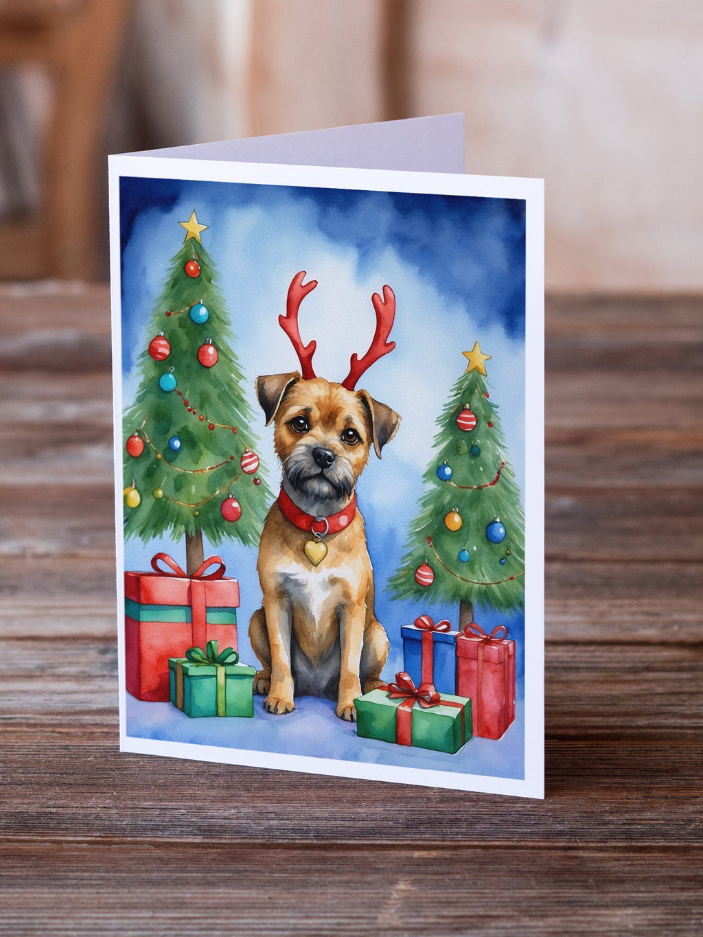 Border Terrier Christmas Reindeer Greeting Cards Pack of 8 Blank Cards with Envelopes Whimsical A7 Size 5x7