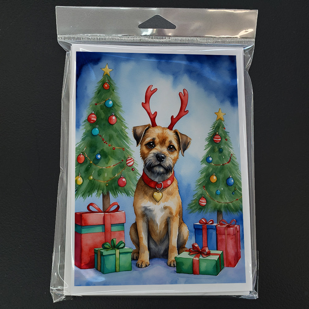 Border Terrier Christmas Reindeer Greeting Cards Pack of 8 Blank Cards with Envelopes Whimsical A7 Size 5x7