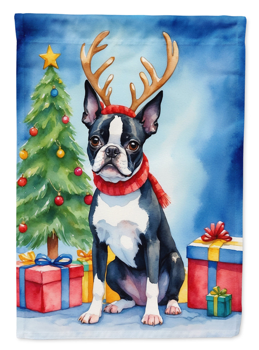 Boston Terrier Christmas Reindeer House Flag 28x40 Porch Sleeve Pole Decorative Outside Yard Banner Artwork Wall Hanging, Polyester
