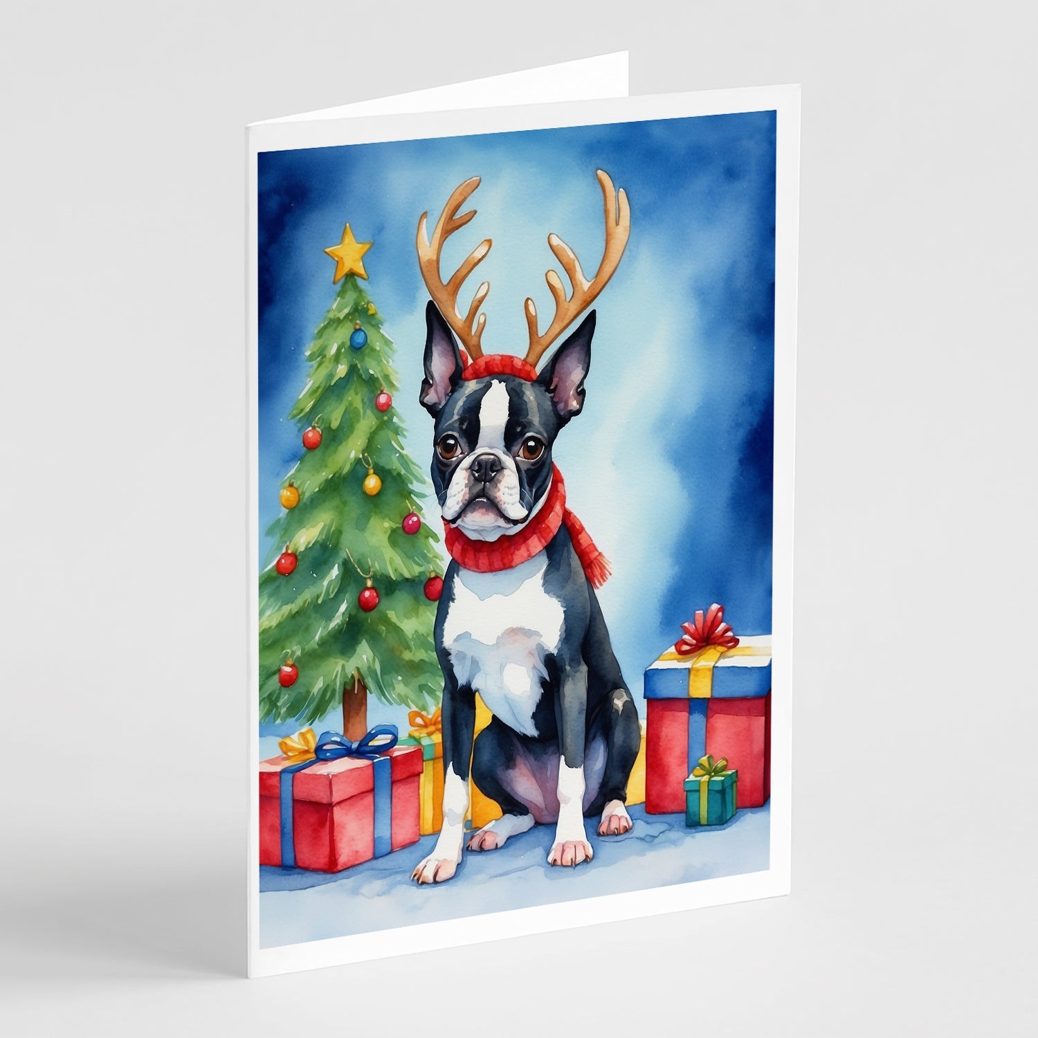 Boston Terrier Christmas Reindeer Greeting Cards Pack of 8 Blank Cards with Envelopes Whimsical A7 Size 5x7