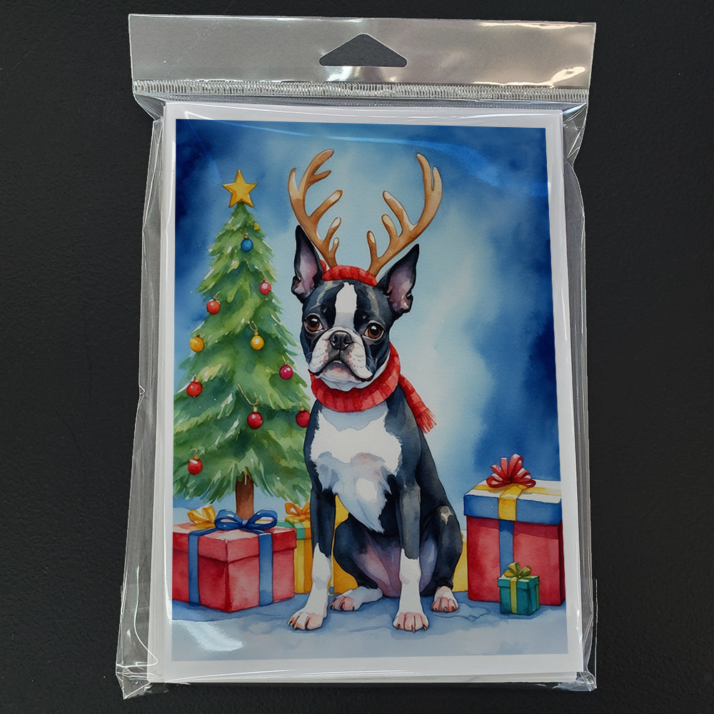 Boston Terrier Christmas Reindeer Greeting Cards Pack of 8 Blank Cards with Envelopes Whimsical A7 Size 5x7