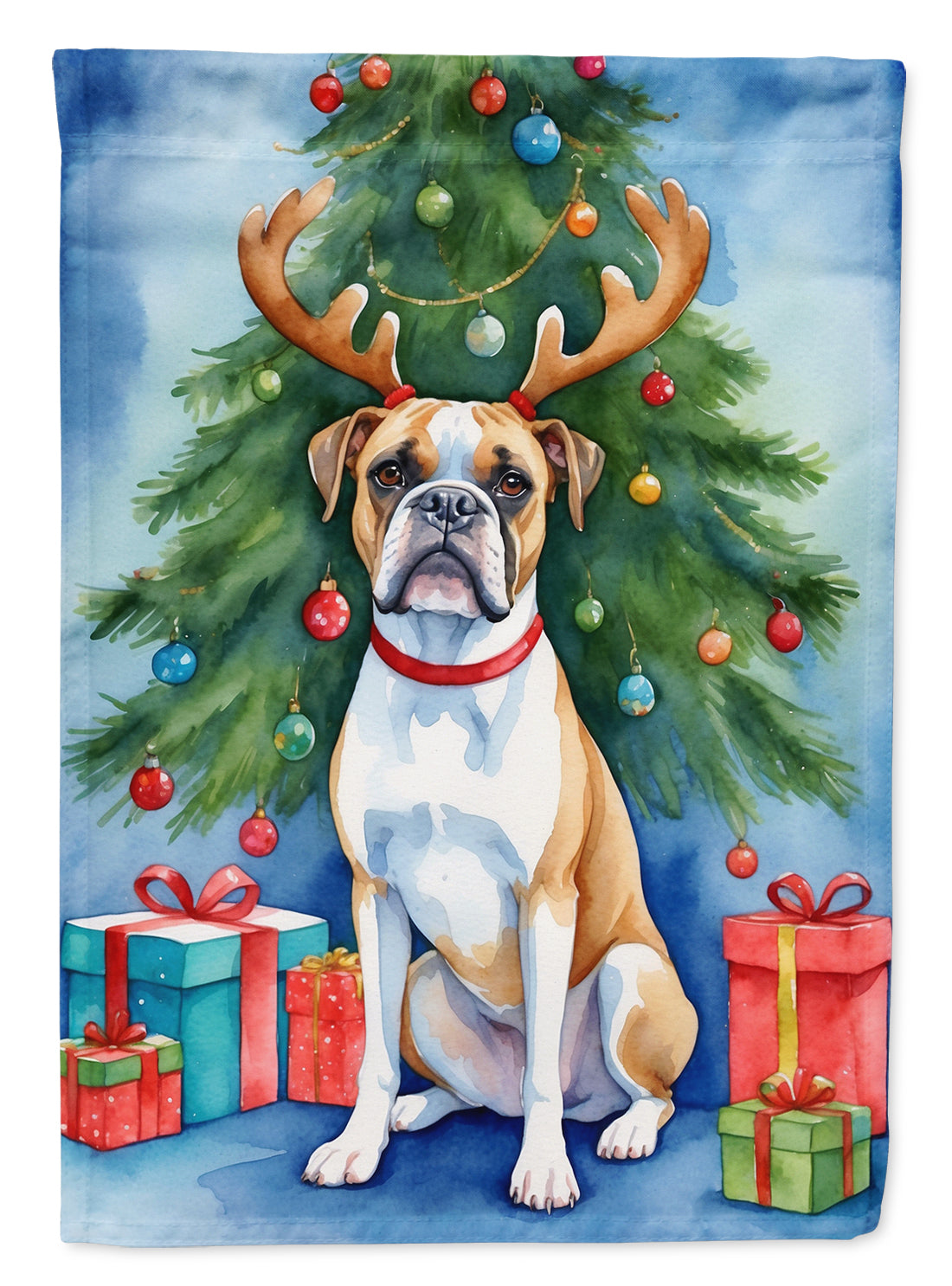 White Boxer Christmas Reindeer House Flag 28x40 Porch Sleeve Pole Decorative Outside Yard Banner Artwork Wall Hanging, Polyester