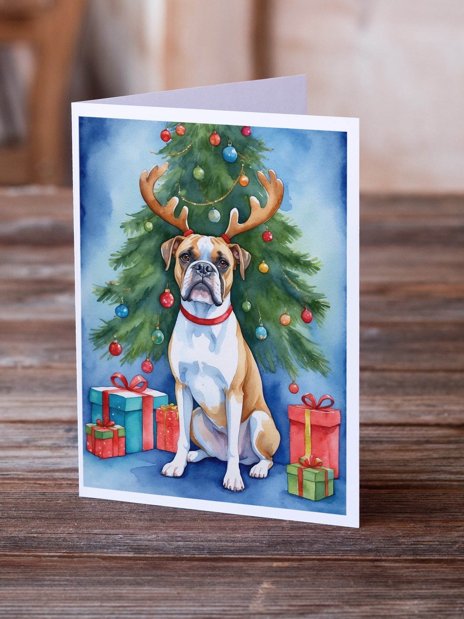 White Boxer Christmas Reindeer Greeting Cards Pack of 8 Blank Cards with Envelopes Whimsical A7 Size 5x7