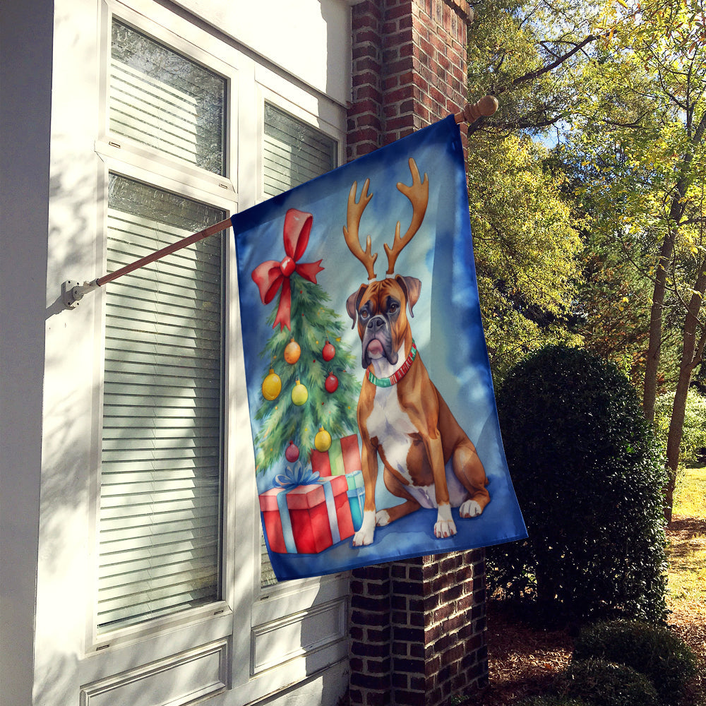 Boxer Christmas Reindeer House Flag 28x40 Porch Sleeve Pole Decorative Outside Yard Banner Artwork Wall Hanging, Polyester