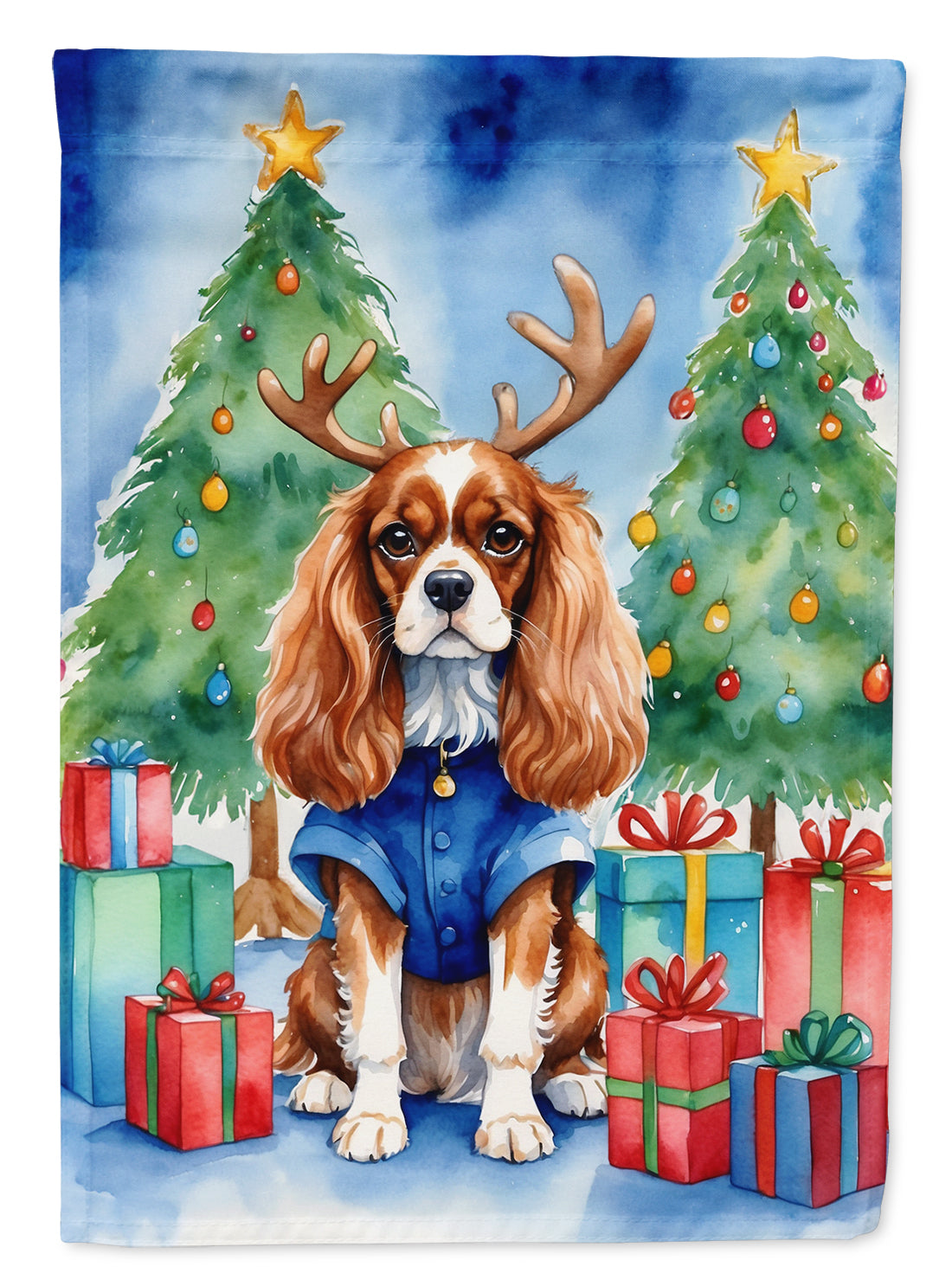 Cavalier Spaniel Christmas Reindeer House Flag 28x40 Porch Sleeve Pole Decorative Outside Yard Banner Artwork Wall Hanging, Polyester