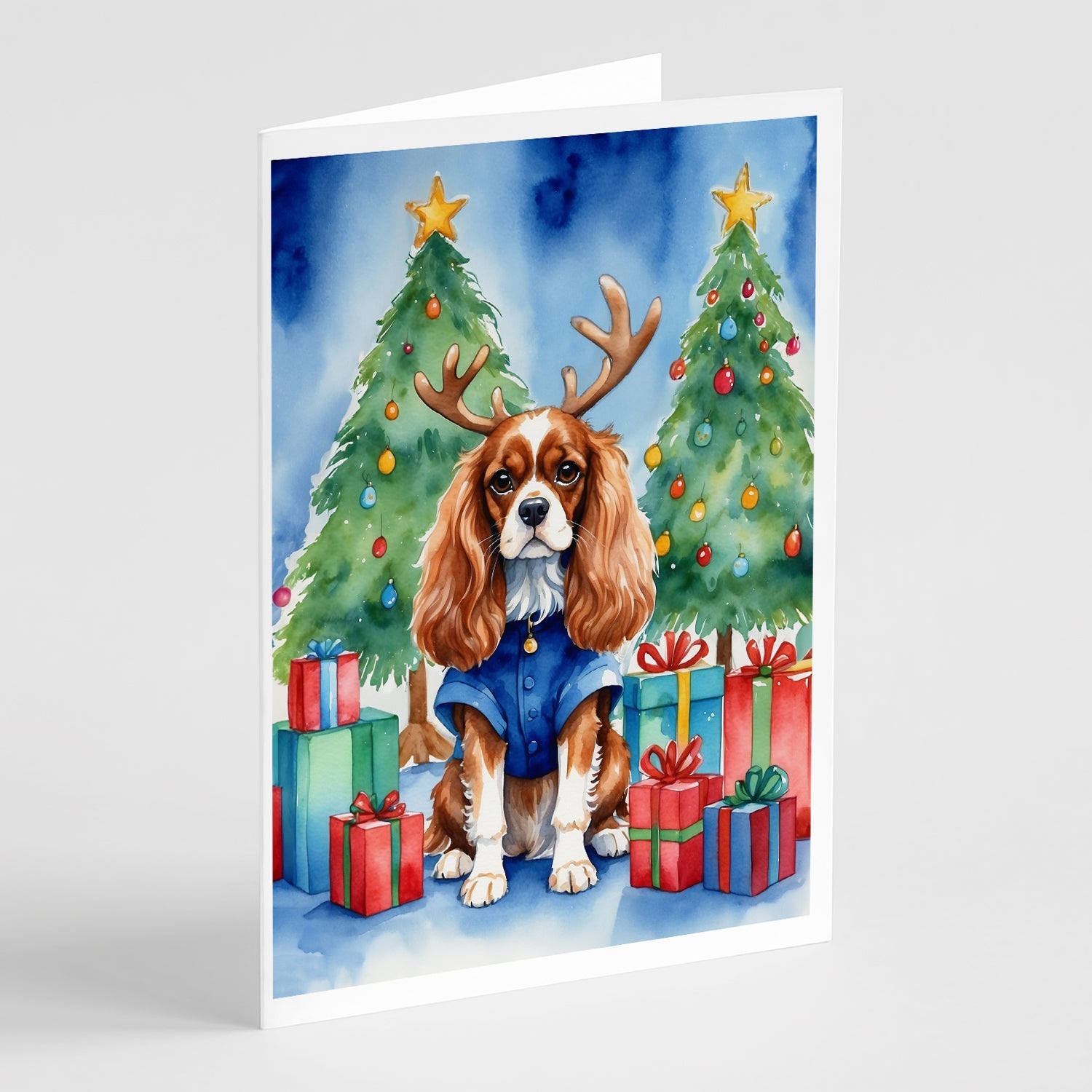 Cavalier Spaniel Christmas Reindeer Greeting Cards Pack of 8 Blank Cards with Envelopes Whimsical A7 Size 5x7