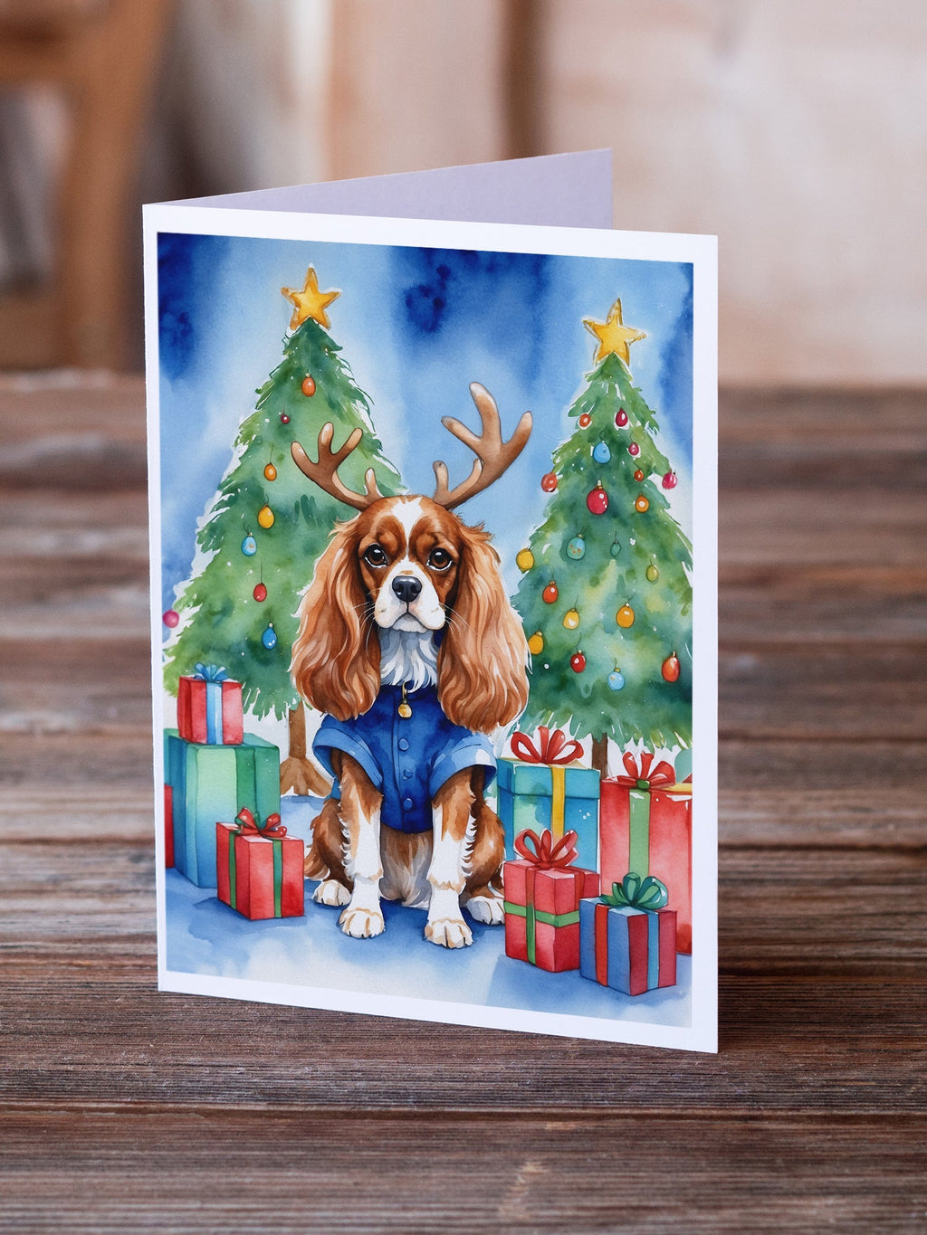 Cavalier Spaniel Christmas Reindeer Greeting Cards Pack of 8 Blank Cards with Envelopes Whimsical A7 Size 5x7