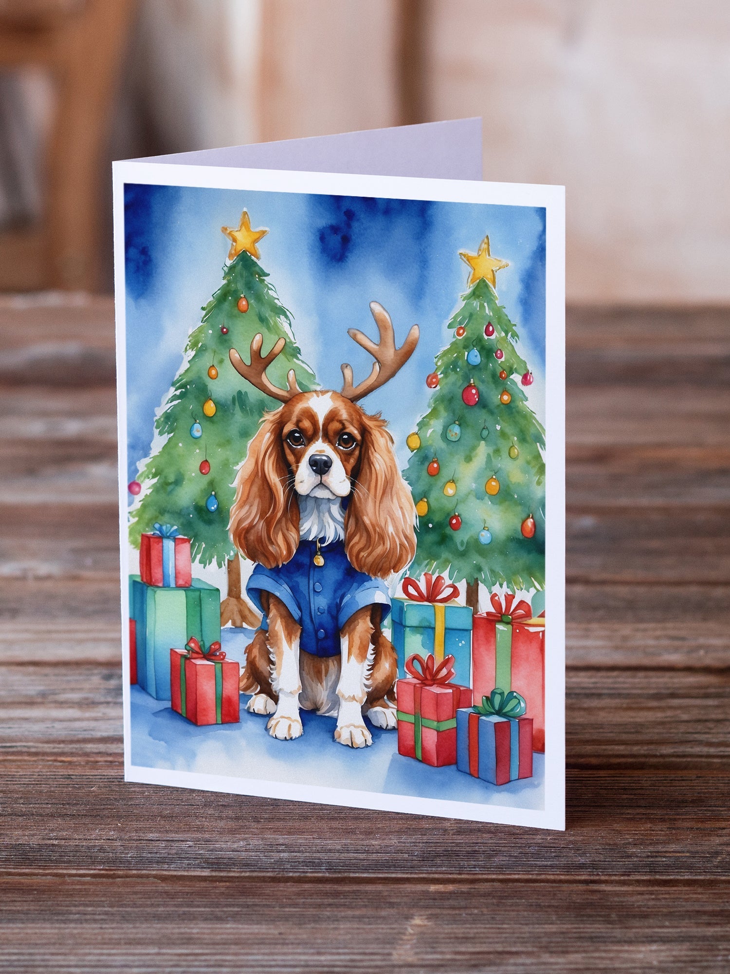 Cavalier Spaniel Christmas Reindeer Greeting Cards Pack of 8 Blank Cards with Envelopes Whimsical A7 Size 5x7