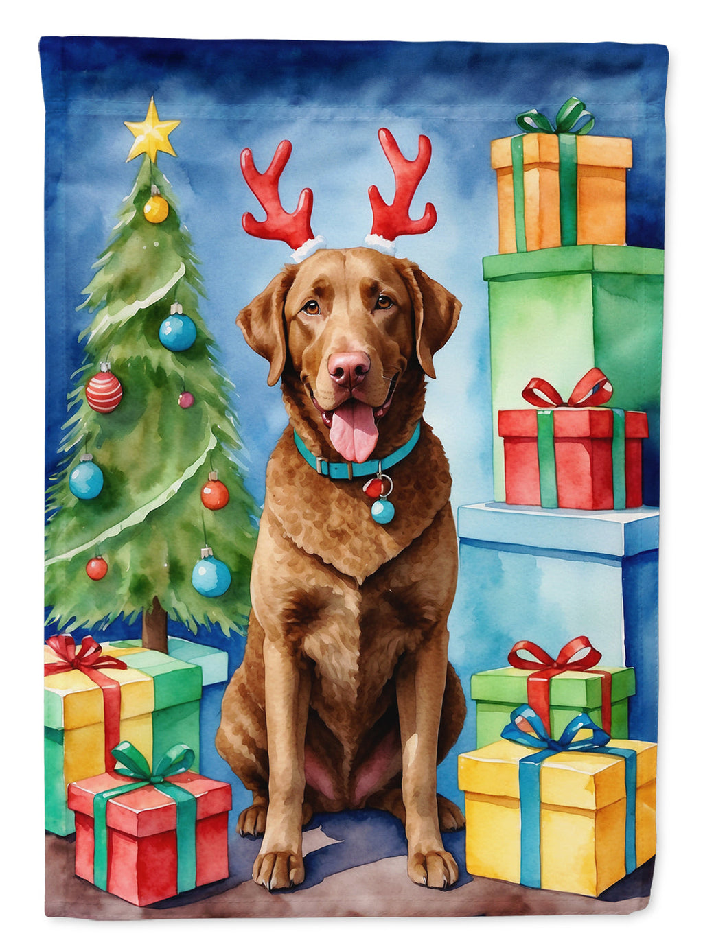 Chesapeake Bay Retriever Christmas Reindeer House Flag 28x40 Porch Sleeve Pole Decorative Outside Yard Banner Artwork Wall Hanging, Polyester