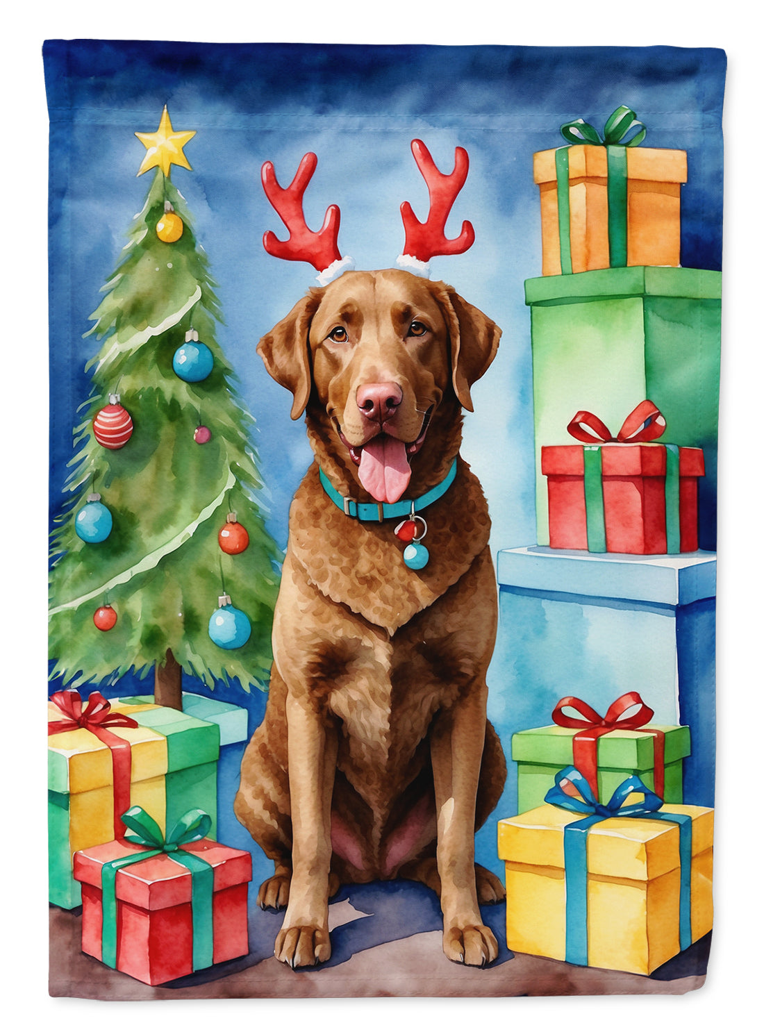 Chesapeake Bay Retriever Christmas Reindeer House Flag 28x40 Porch Sleeve Pole Decorative Outside Yard Banner Artwork Wall Hanging, Polyester