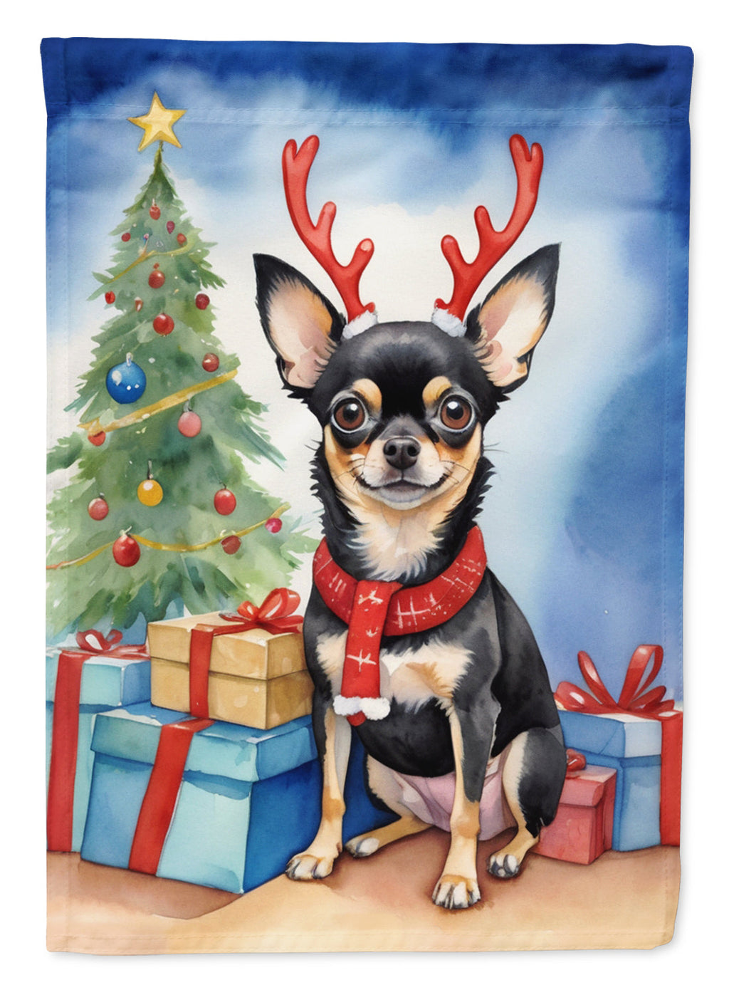 Black and Tan Chihuahua Christmas Reindeer House Flag 28x40 Porch Sleeve Pole Decorative Outside Yard Banner Artwork Wall Hanging, Polyester