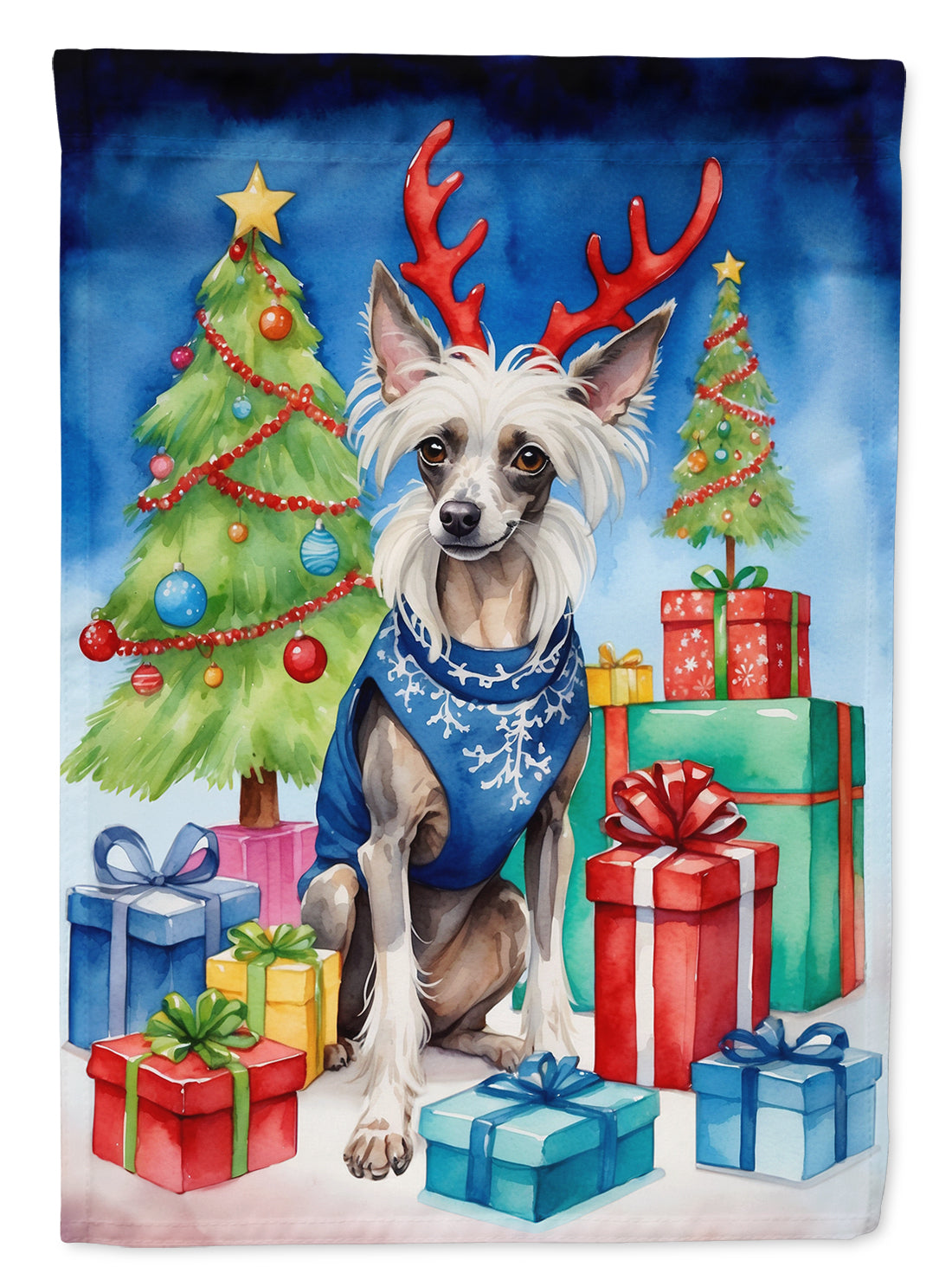 Chinese Crested Christmas Reindeer House Flag 28x40 Porch Sleeve Pole Decorative Outside Yard Banner Artwork Wall Hanging, Polyester