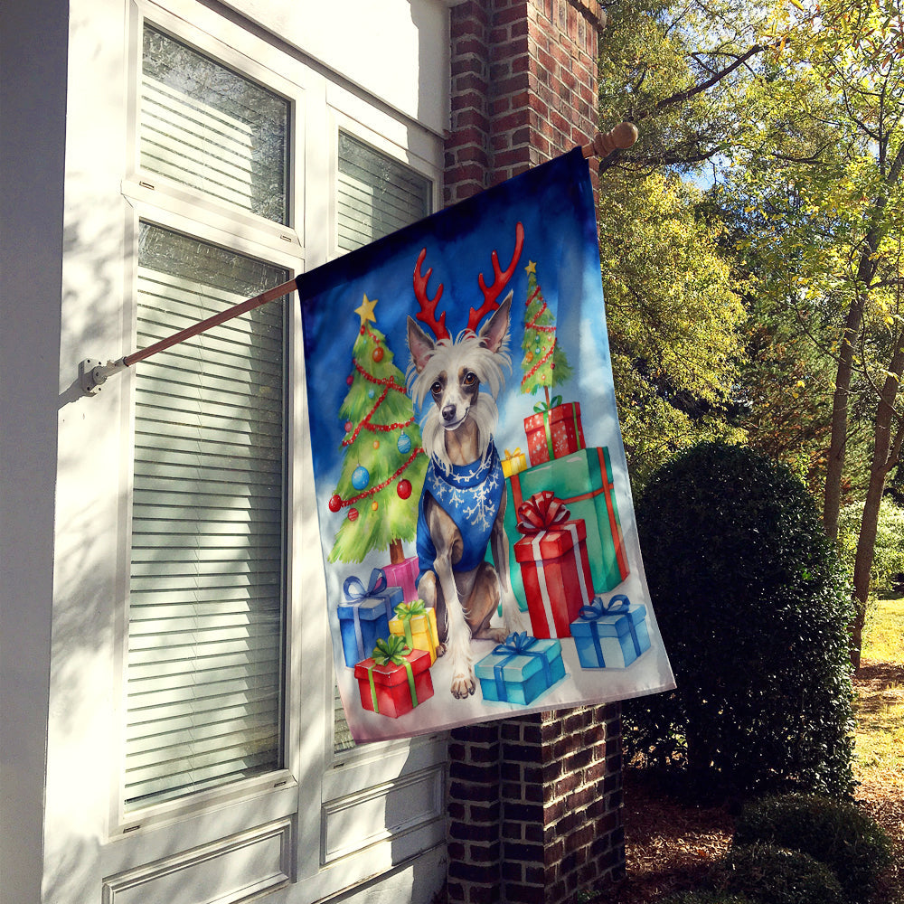 Chinese Crested Christmas Reindeer House Flag 28x40 Porch Sleeve Pole Decorative Outside Yard Banner Artwork Wall Hanging, Polyester