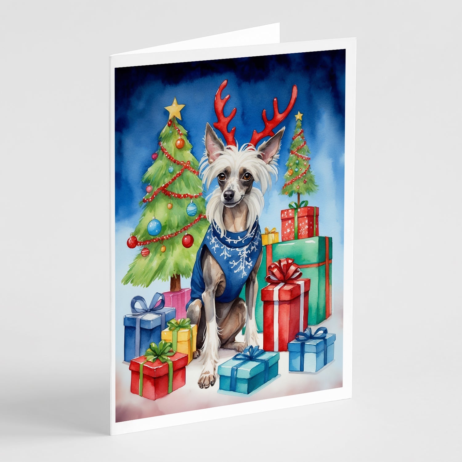 Chinese Crested Christmas Reindeer Greeting Cards Pack of 8 Blank Cards with Envelopes Whimsical A7 Size 5x7