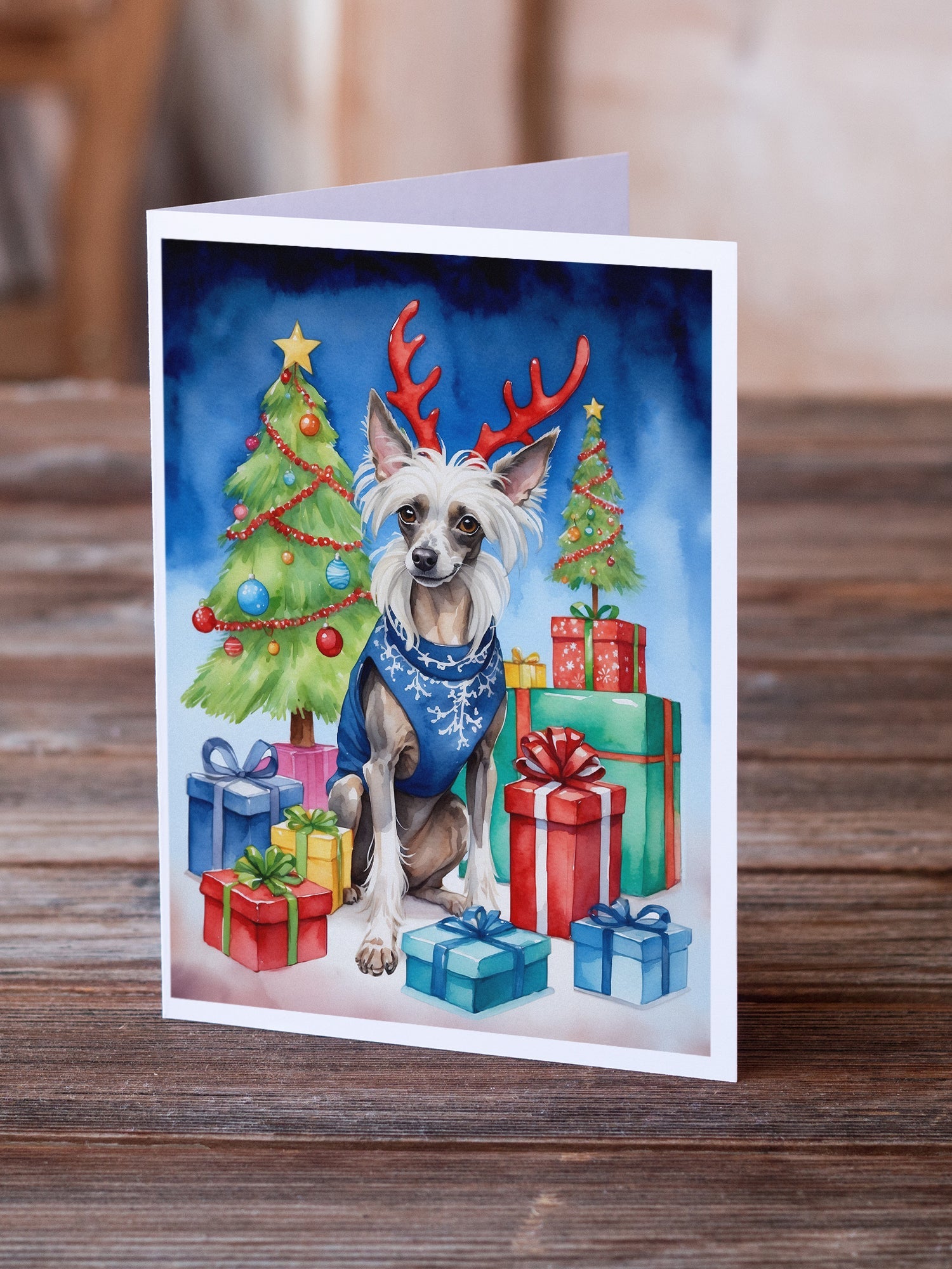 Chinese Crested Christmas Reindeer Greeting Cards Pack of 8 Blank Cards with Envelopes Whimsical A7 Size 5x7