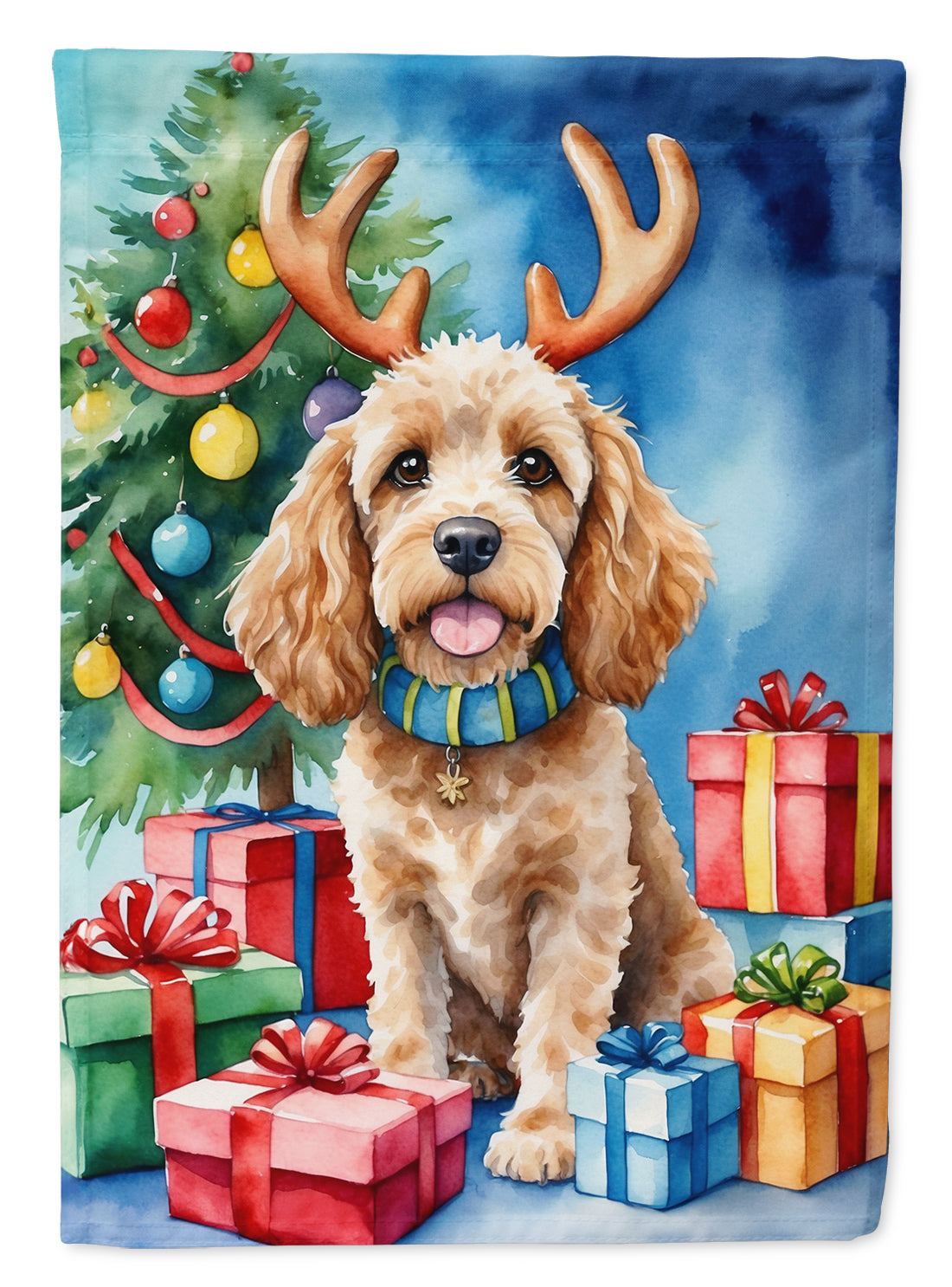 Cockapoo Christmas Reindeer House Flag 28x40 Porch Sleeve Pole Decorative Outside Yard Banner Artwork Wall Hanging, Polyester