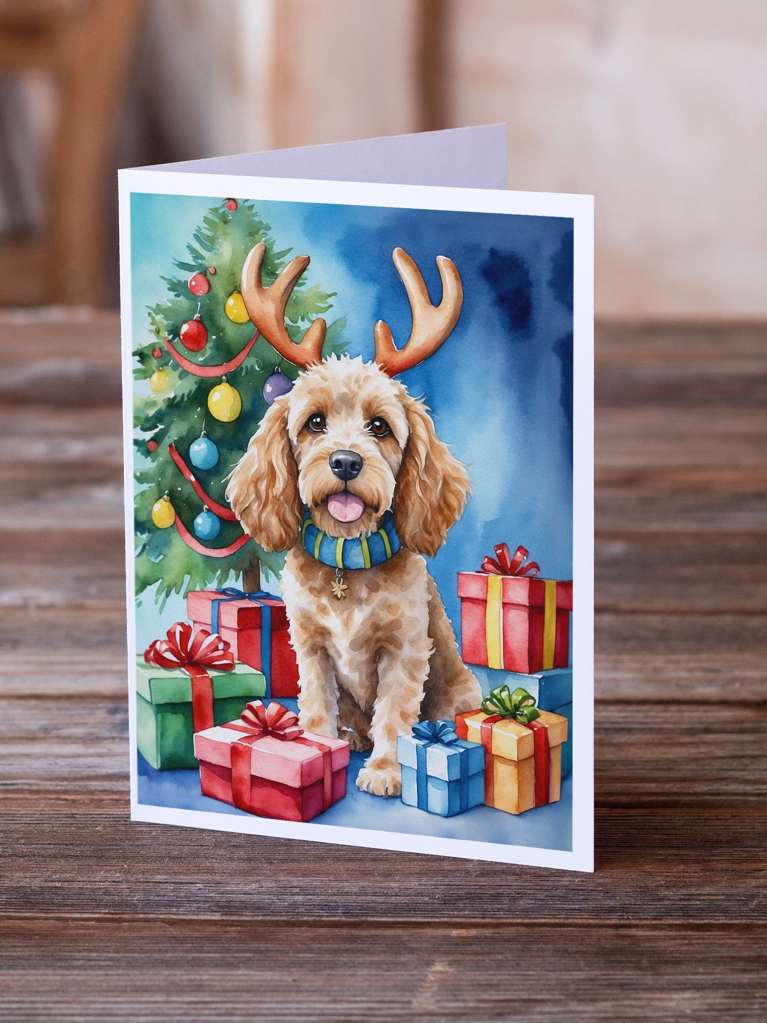 Cockapoo Christmas Reindeer Greeting Cards Pack of 8 Blank Cards with Envelopes Whimsical A7 Size 5x7