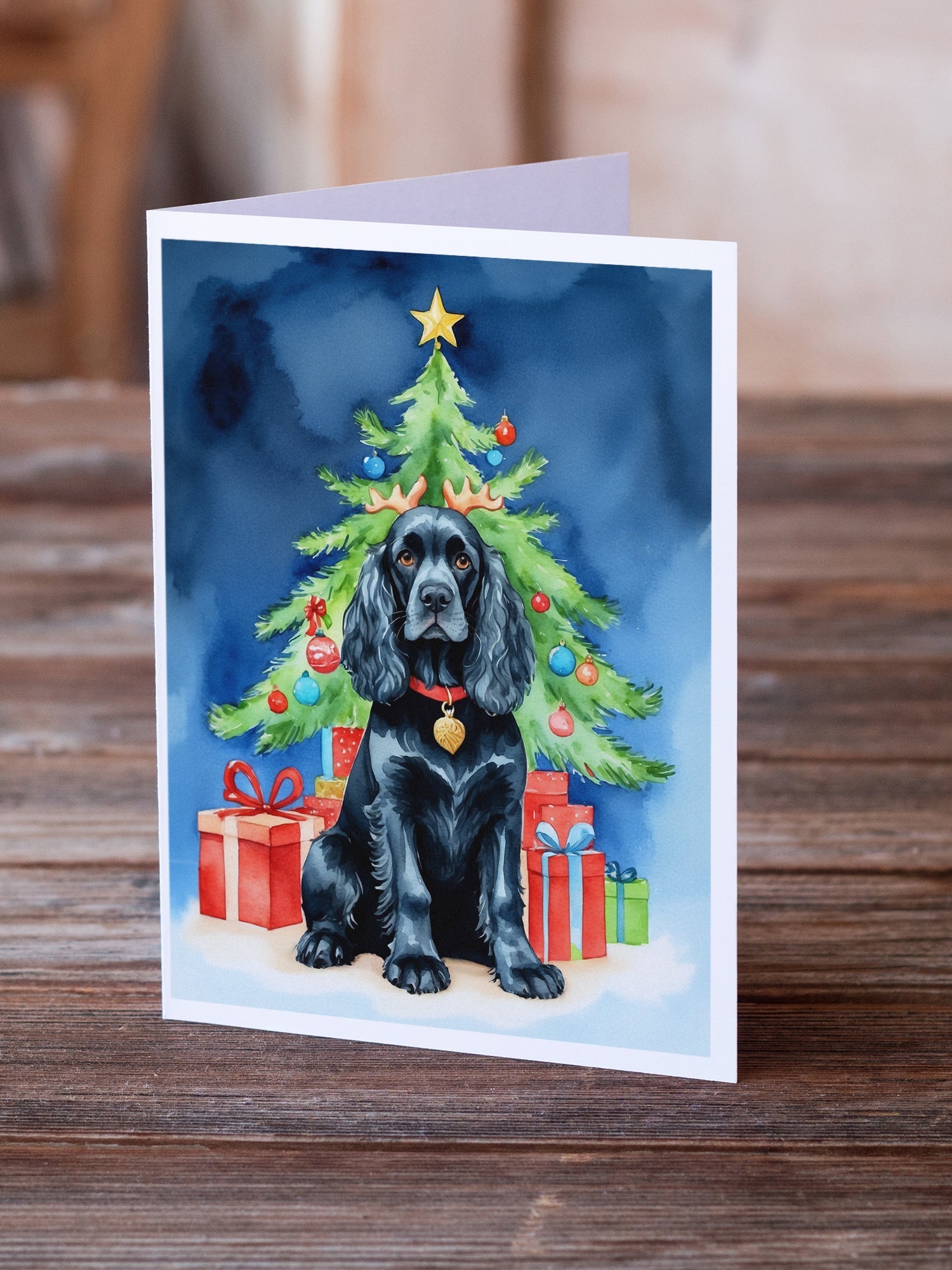 Black Cocker Spaniel Christmas Reindeer Greeting Cards Pack of 8 Blank Cards with Envelopes Whimsical A7 Size 5x7