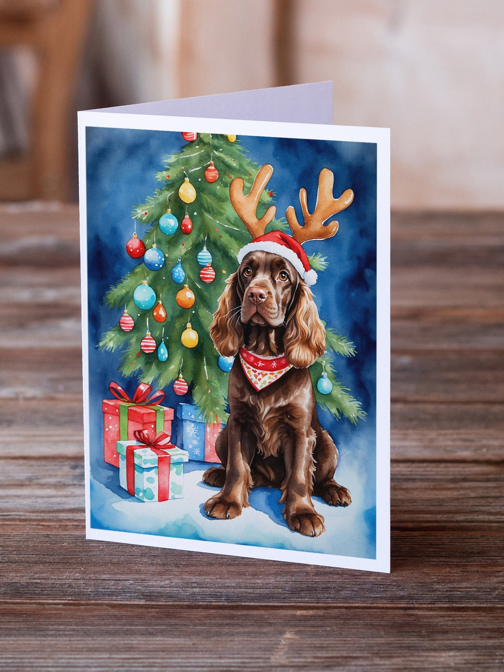 Chocolate Cocker Spaniel Christmas Reindeer Greeting Cards Pack of 8 Blank Cards with Envelopes Whimsical A7 Size 5x7