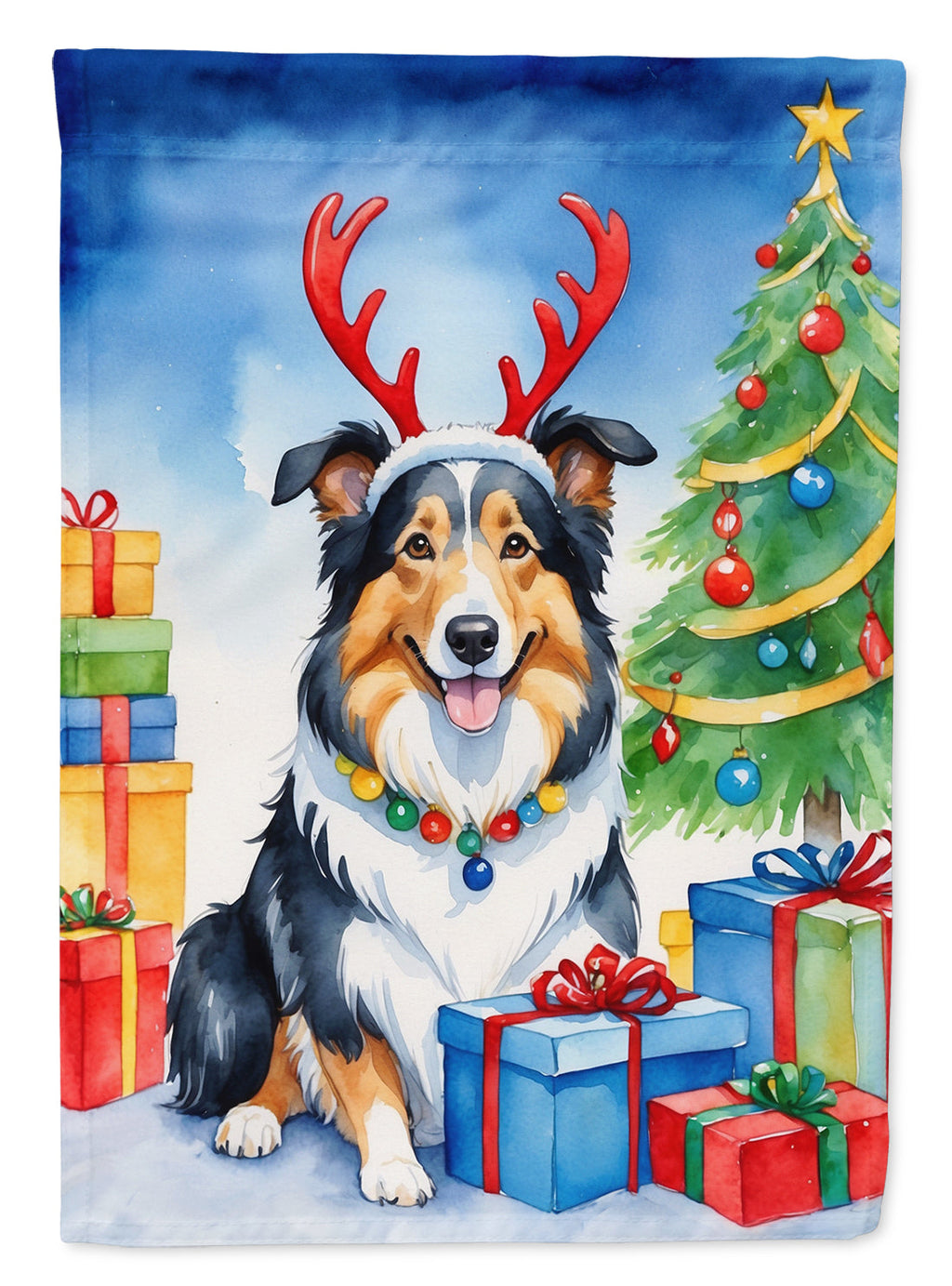 Collie Christmas Reindeer House Flag 28x40 Porch Sleeve Pole Decorative Outside Yard Banner Artwork Wall Hanging, Polyester