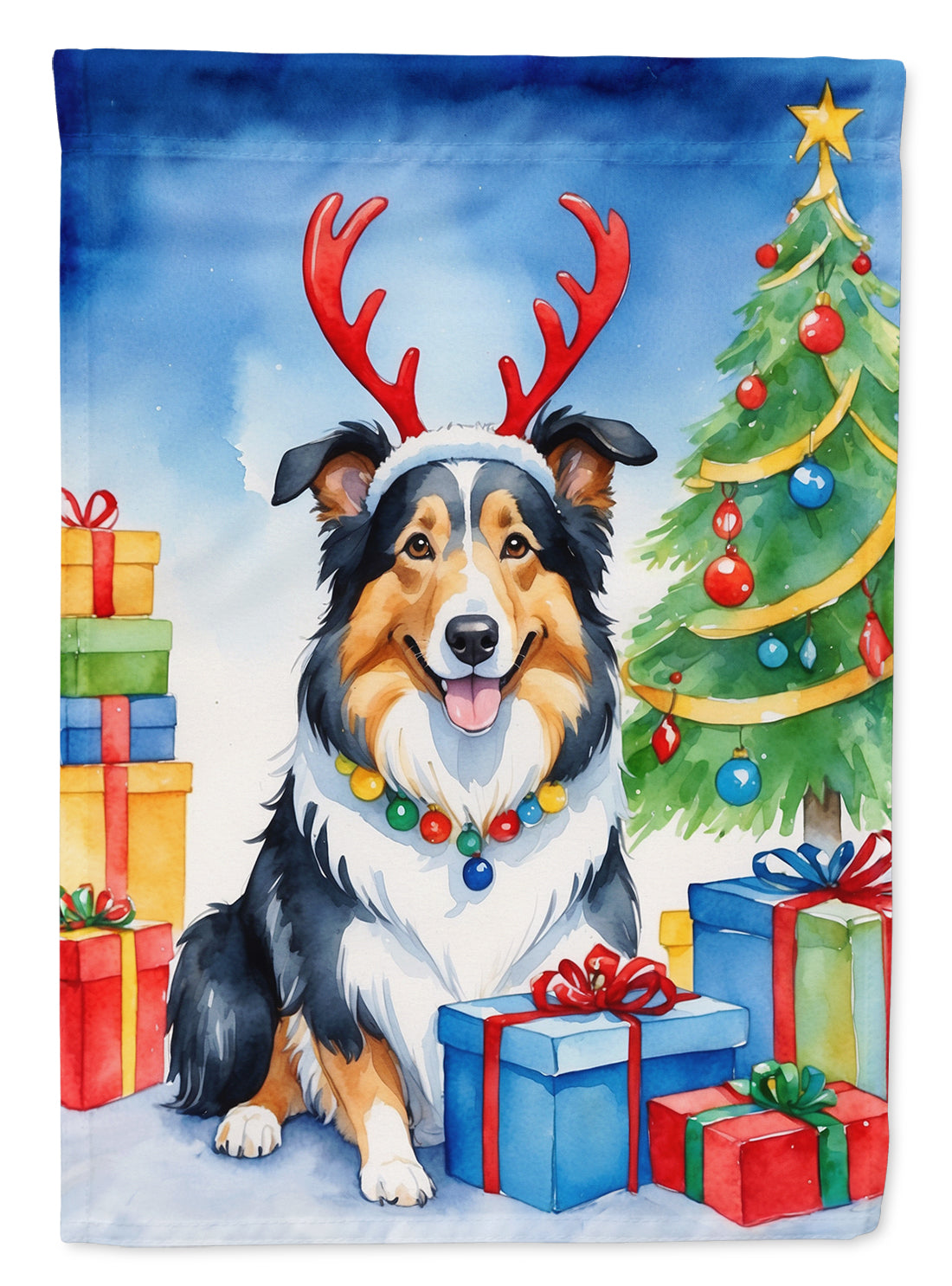 Collie Christmas Reindeer House Flag 28x40 Porch Sleeve Pole Decorative Outside Yard Banner Artwork Wall Hanging, Polyester
