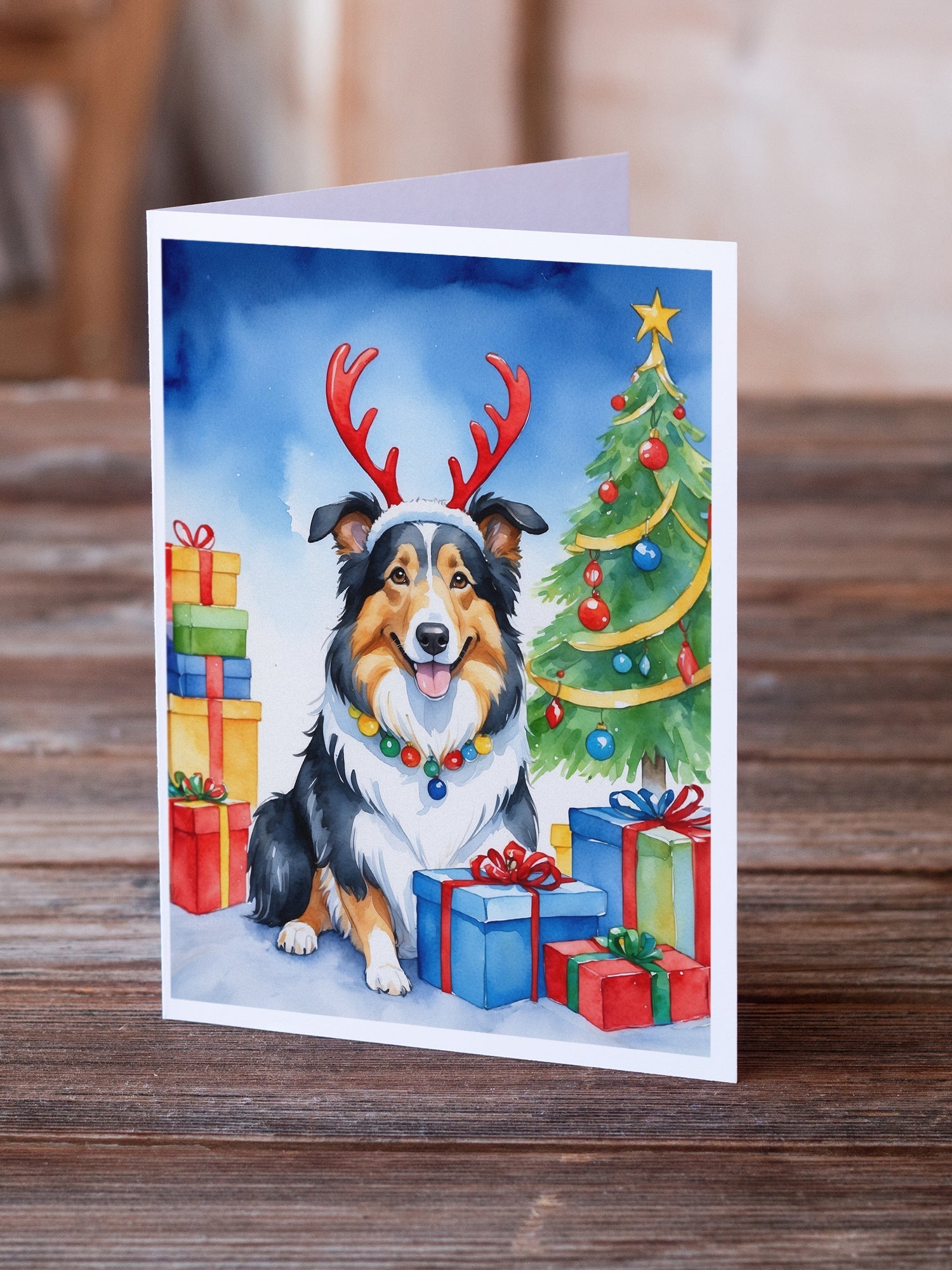 Collie Christmas Reindeer Greeting Cards Pack of 8 Blank Cards with Envelopes Whimsical A7 Size 5x7