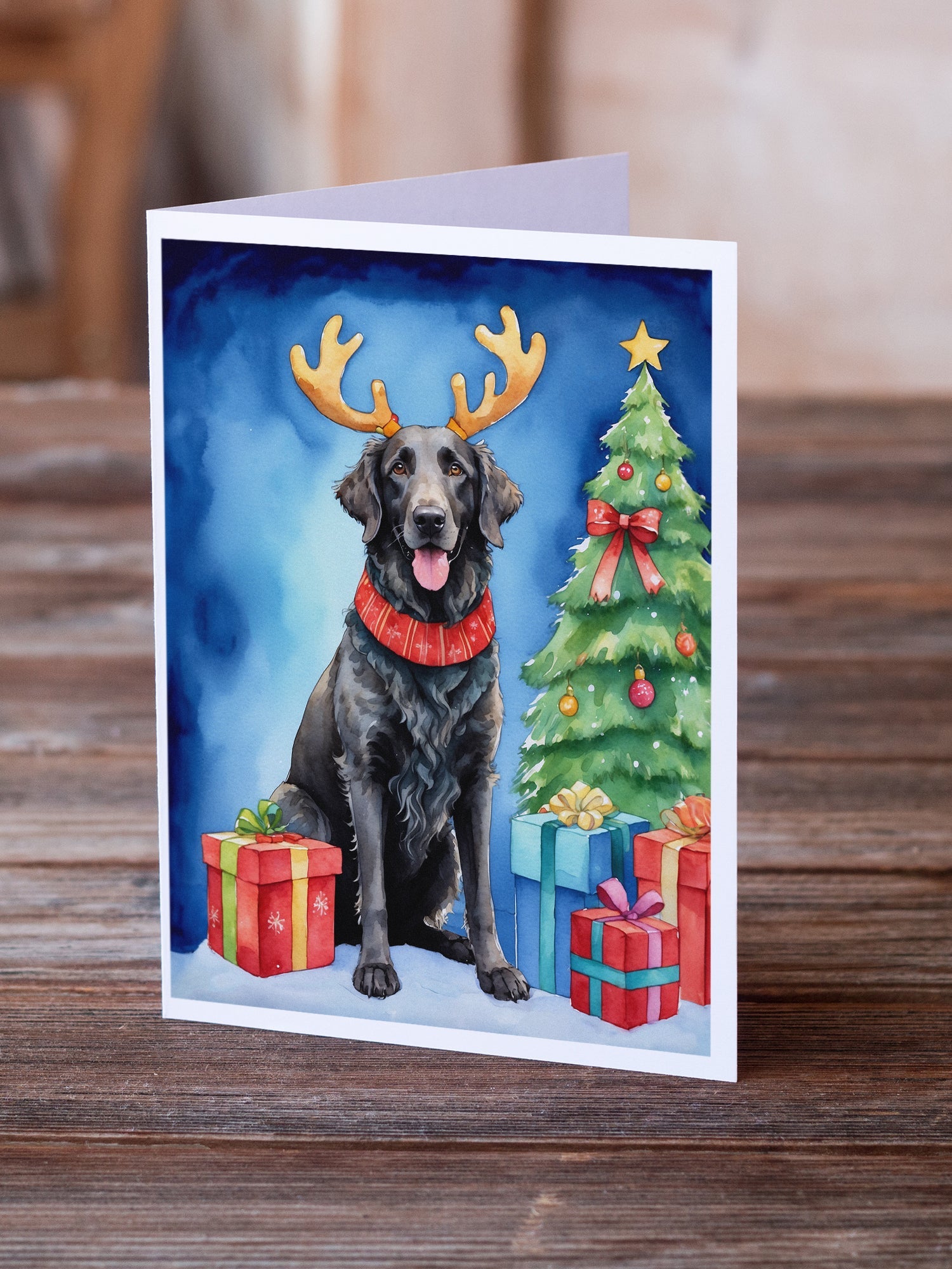 Curly-Coated Retriever Christmas Reindeer Greeting Cards Pack of 8 Blank Cards with Envelopes Whimsical A7 Size 5x7